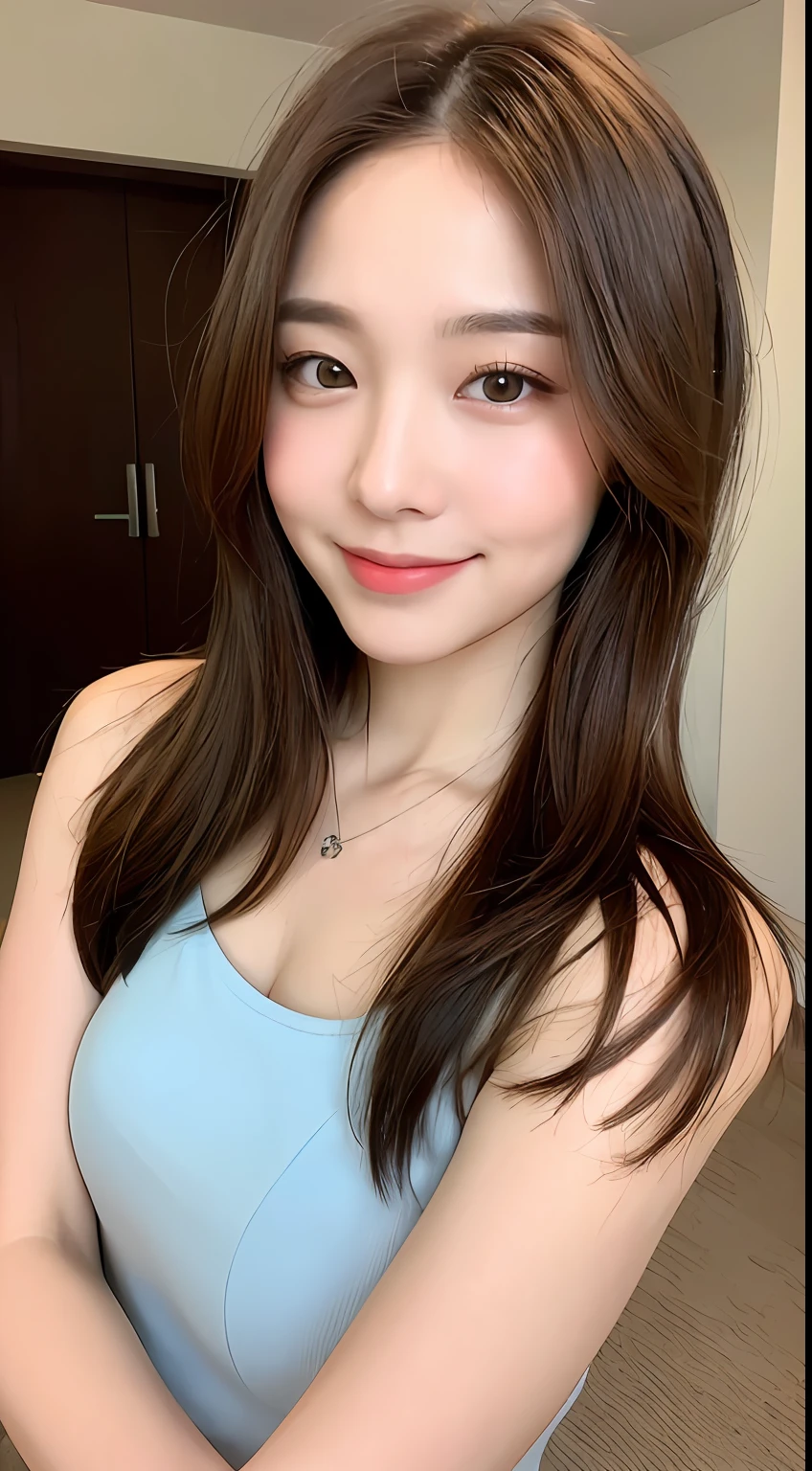 ((Best Quality, 8K, Masterpiece: 1.3)), 1 Girl, Slim Abs Beauty: 1.3, (Hairstyle Brown Hair Shortcut, Big: 1.2), Dress: 1.1, Super Slender Face, Delicate Eyes, Double Eyelids, Smile, Home, Raw Photo
