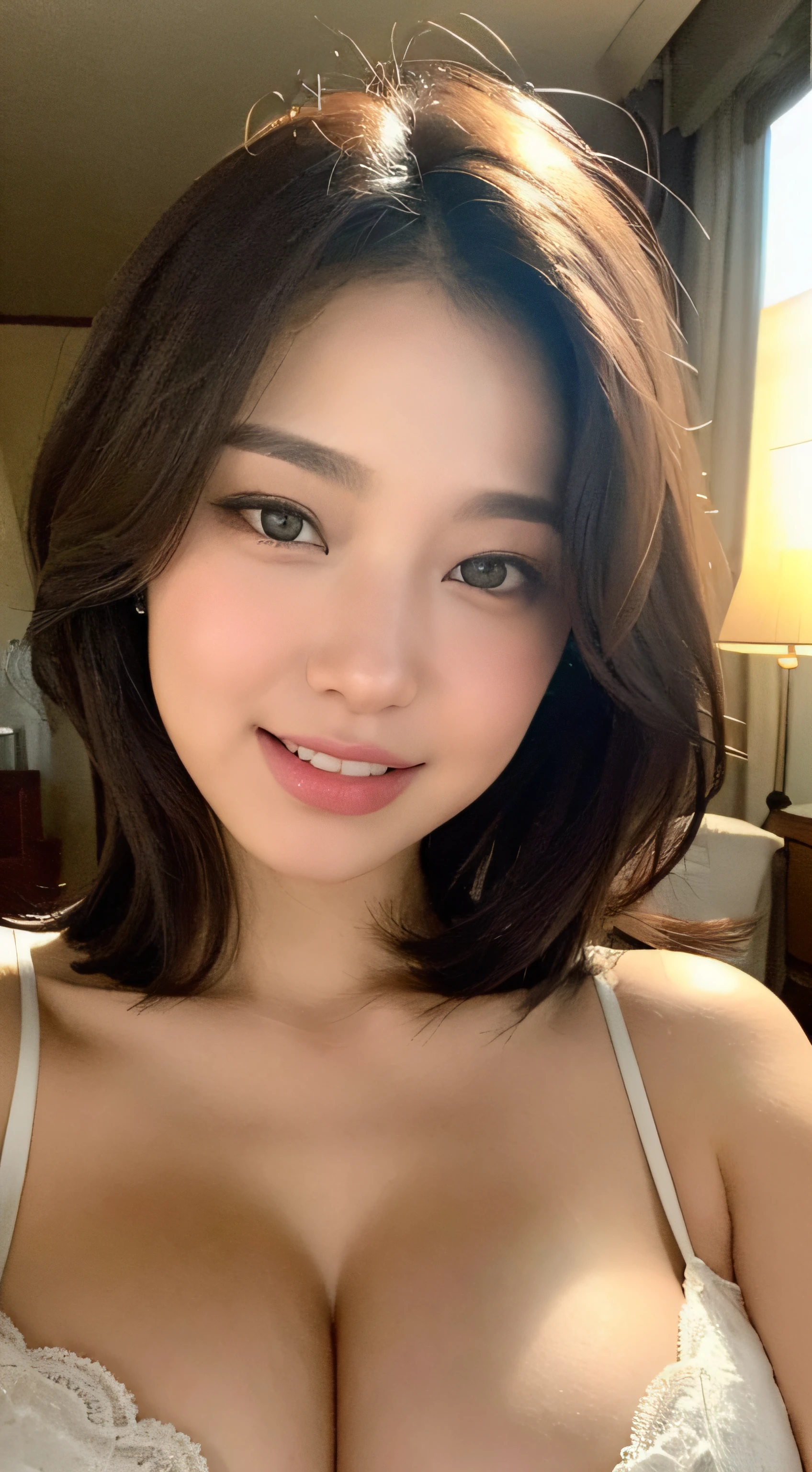 ((Atnight、Realistic light、Top image quality、8k、шедевр:1.3))、1girl in、Slim figure beauty:1.4、Brown hair、((ultra huge breast:1.3))、Off-shoulder cut top:1.3、Super detailed face、detailedeyes、双眼皮、Inside the castle、a smile、cleavage of the breast、Sagging milk、((droopy chest))、((Beautie))