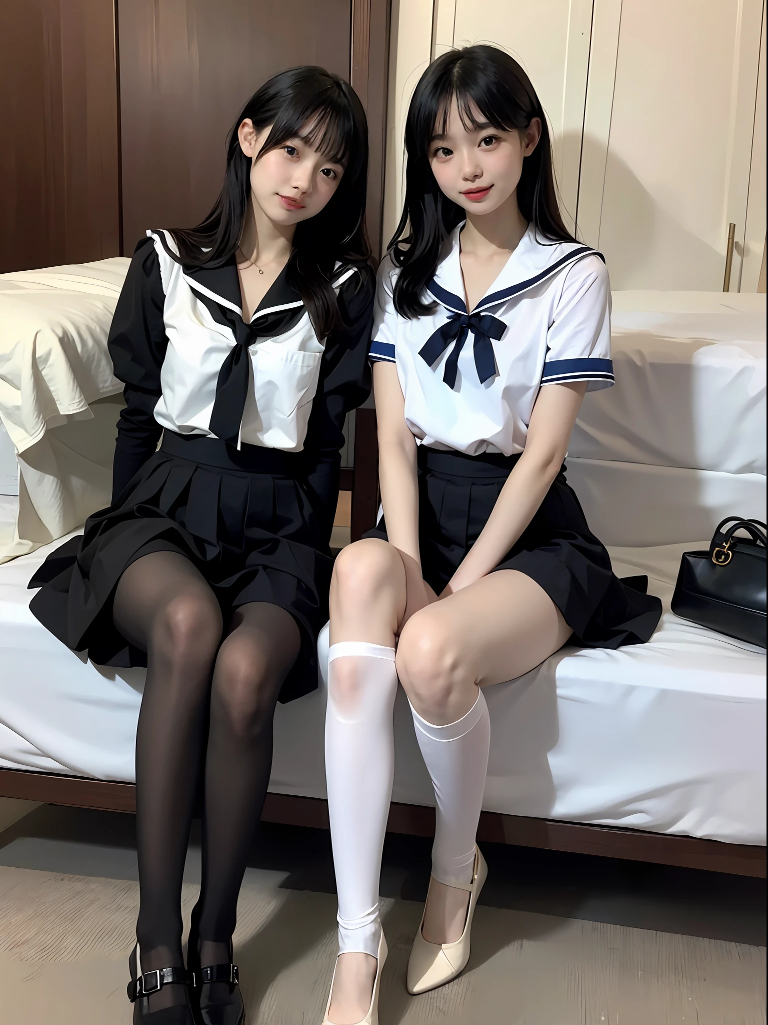 （8K，Best Quority，a masterpiece of：1.2），（realisticlying，realisticlying，photo-realistic：1.37），2girls，hyper-detailing，beautiful details eyes，Beautiful detail nose，（（（2girls））），Short-sleeved sailor suit，Short pleated skirt，7 points，liveroom，Smile with，big legs，（（Black tights）），twinsies