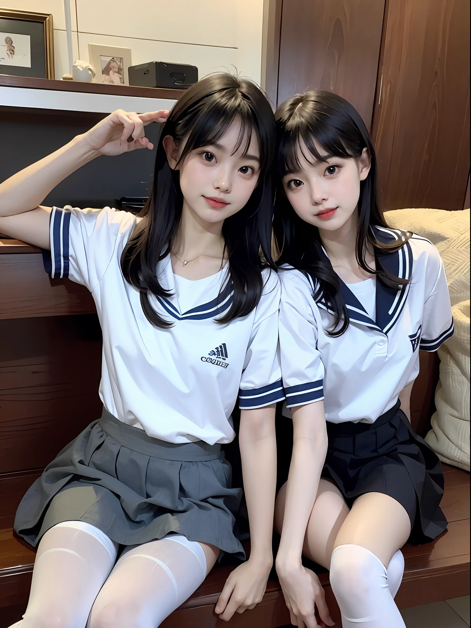 （8K，Best Quority，a masterpiece of：1.2），（realisticlying，realisticlying，photo-realistic：1.37），2girls，hyper-detailing，beautiful details eyes，Beautiful detail nose，（（（2girls））），Short-sleeved sailor suit，Short pleated skirt，7 points，liveroom，Smile with，big legs，（（Black tights）），twinsies