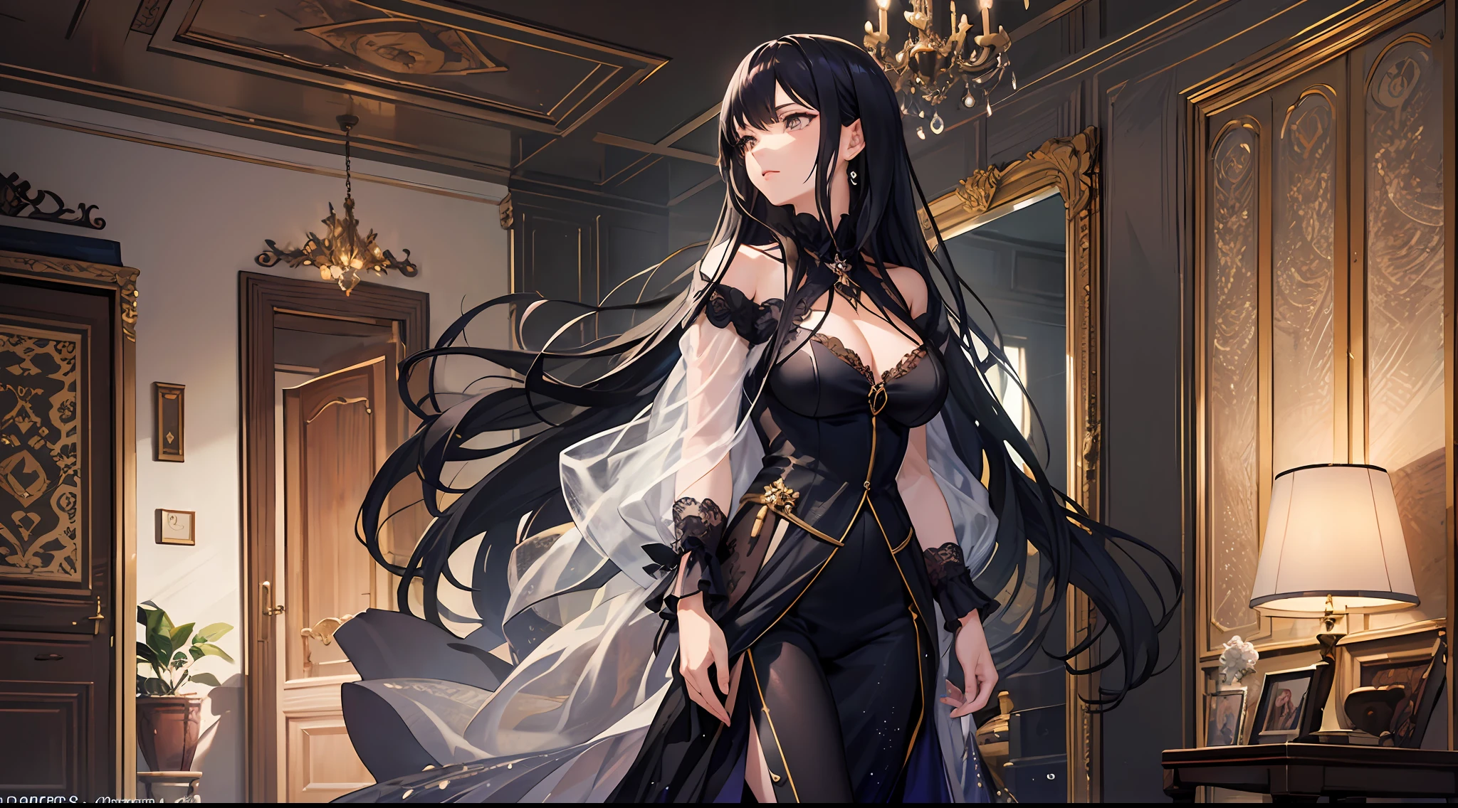 A middle-aged woman with long shaggy black hair was walking towards the room,Mature woman,Royal sister,Wear pajamas,with a good figure,In a villa,Very luxurious decorations,Exquisite facial features,Clear facial expressions,Detailed digital anime art,Digital anime art,High quality anime art style,Handsome anime pose,Smooth anime CG art,It was dark,There is moonshine,There are lights in the living room