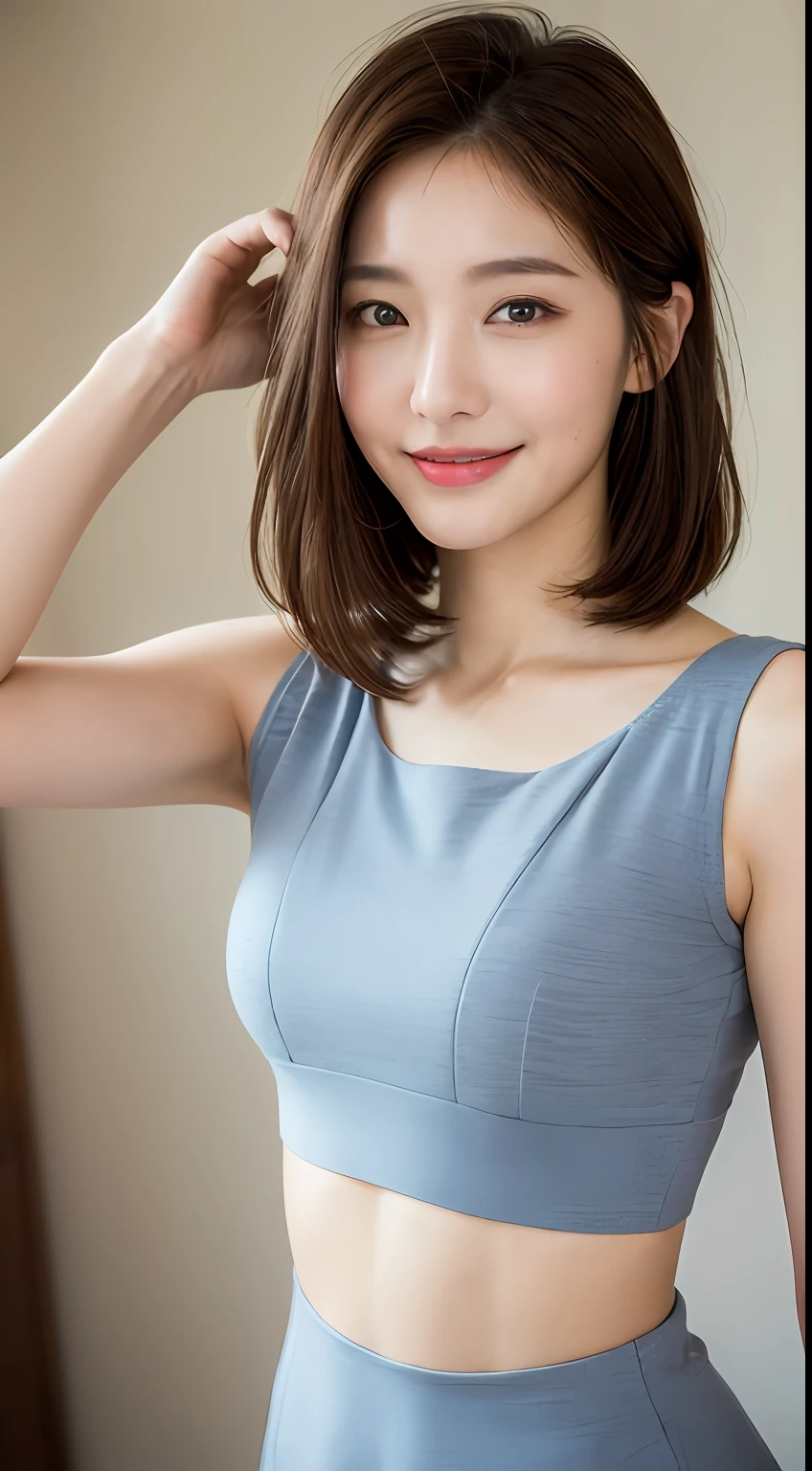 ((Best Quality, 8K, Masterpiece: 1.3)), 1 Girl, Slim Abs Beauty: 1.3, (Hairstyle Brown Hair Shortcut, Big: 1.2), Dress: 1.1, Super Slender Face, Delicate Eyes, Double Eyelids, Smile, Home, Raw Photo