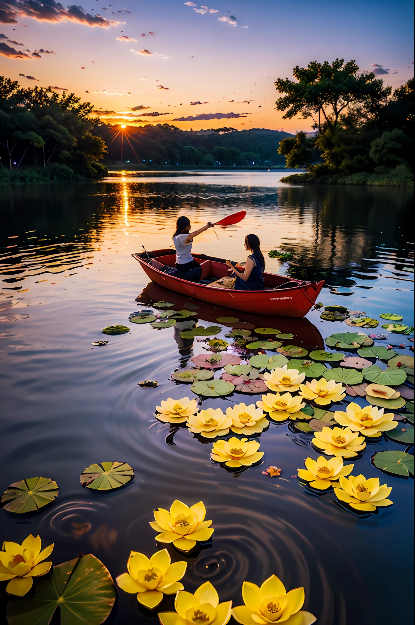 **Exquisite masterpiece | vividly colored lotus pond | floating lotus leaves, night, sunset | boat gliding across the water, highly detailed, 4k resolution --ar 3:2