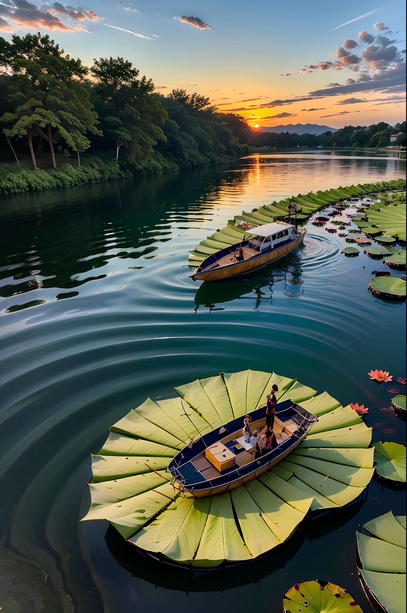 **Exquisite masterpiece | vividly colored lotus pond | floating lotus leaves, night, sunset | boat gliding across the water, highly detailed, 4k resolution --ar 3:2