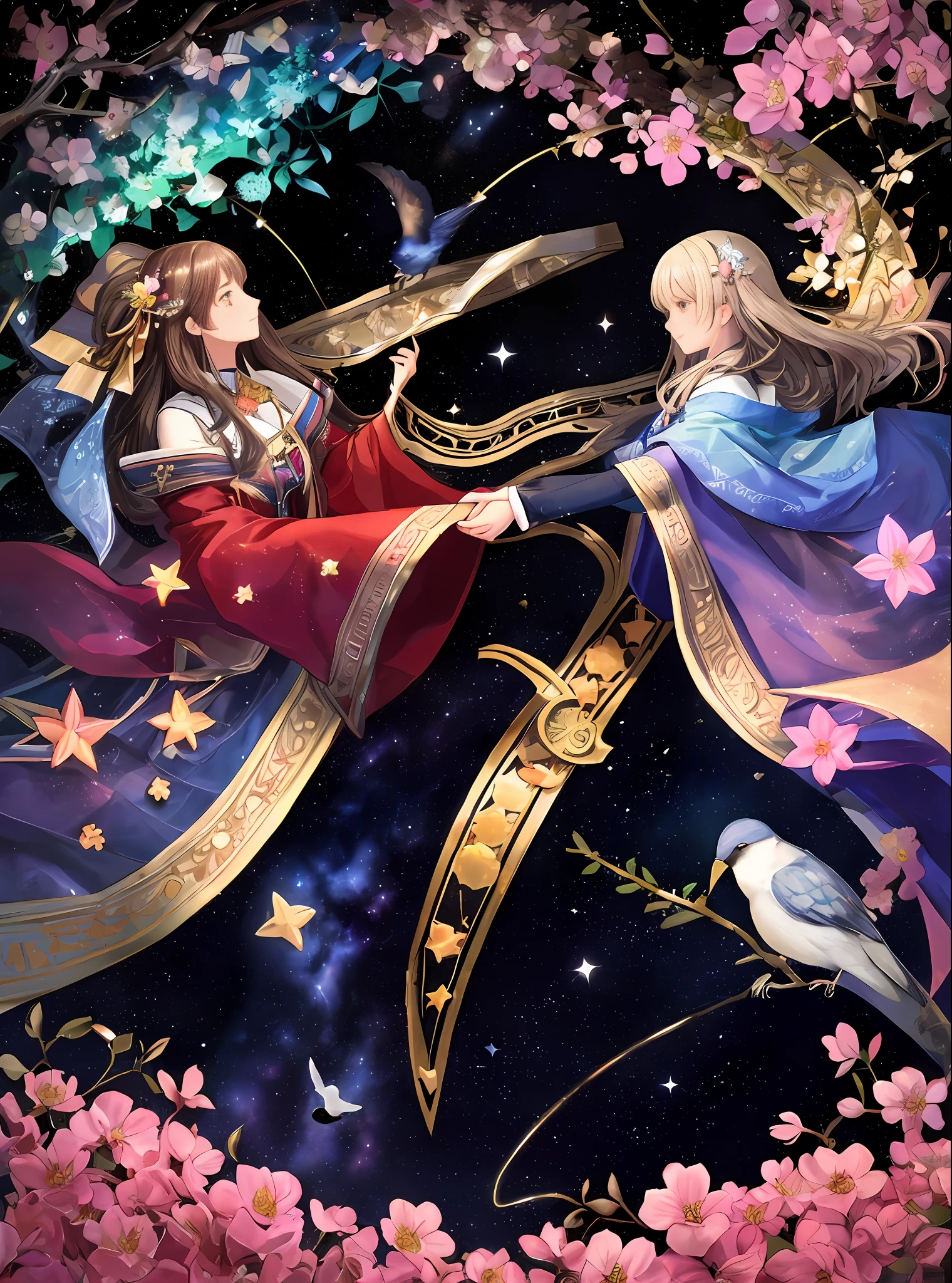a masterpiece of，Highest quality，Hi-Def，8K，A river of stars，The cowherd and the weaver girl meet hand in hand on the bridge built by the birds，stellar，Galaxy River，love heart，blossoms