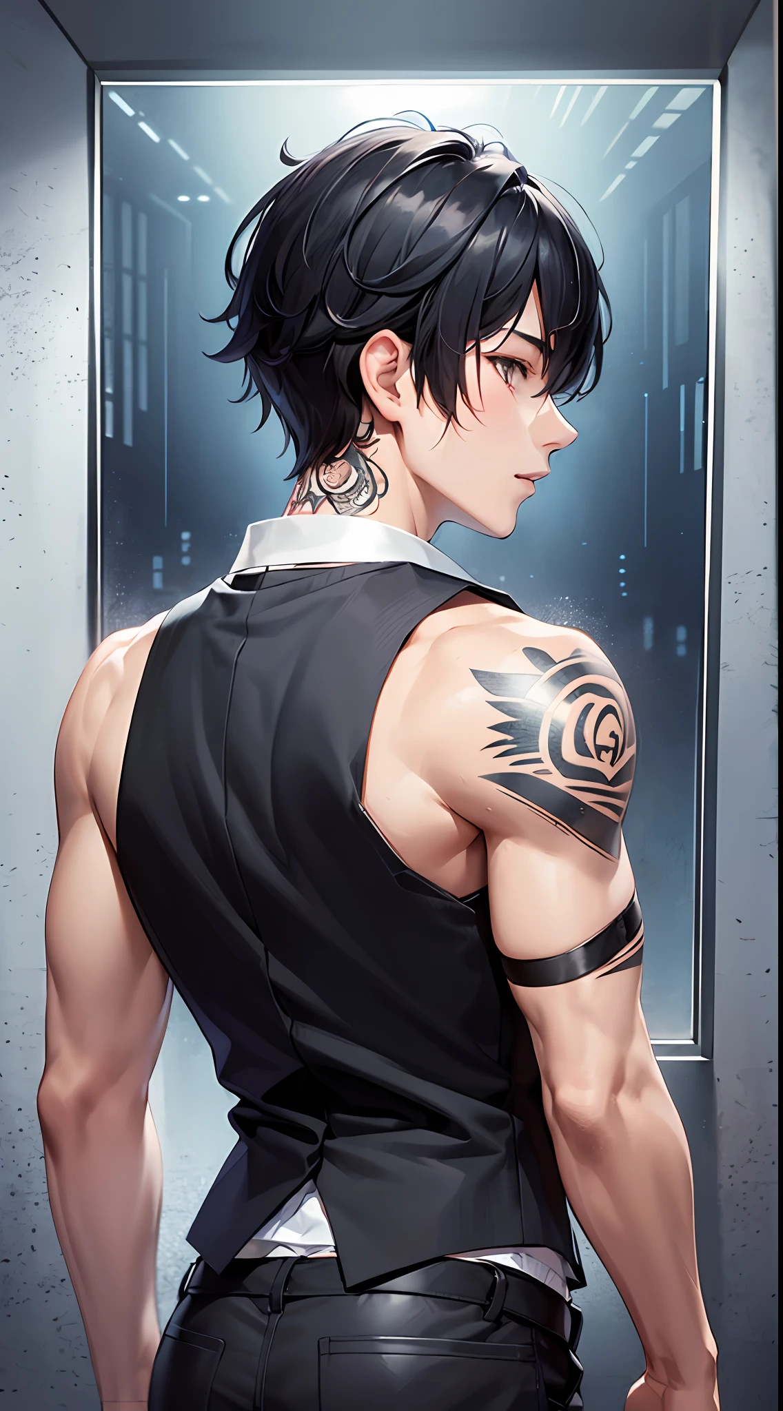 Master masterpiece、Best Quority、8K、 male、black very short hair、( vest:1.3)、Tattoos on the shoulder and back
