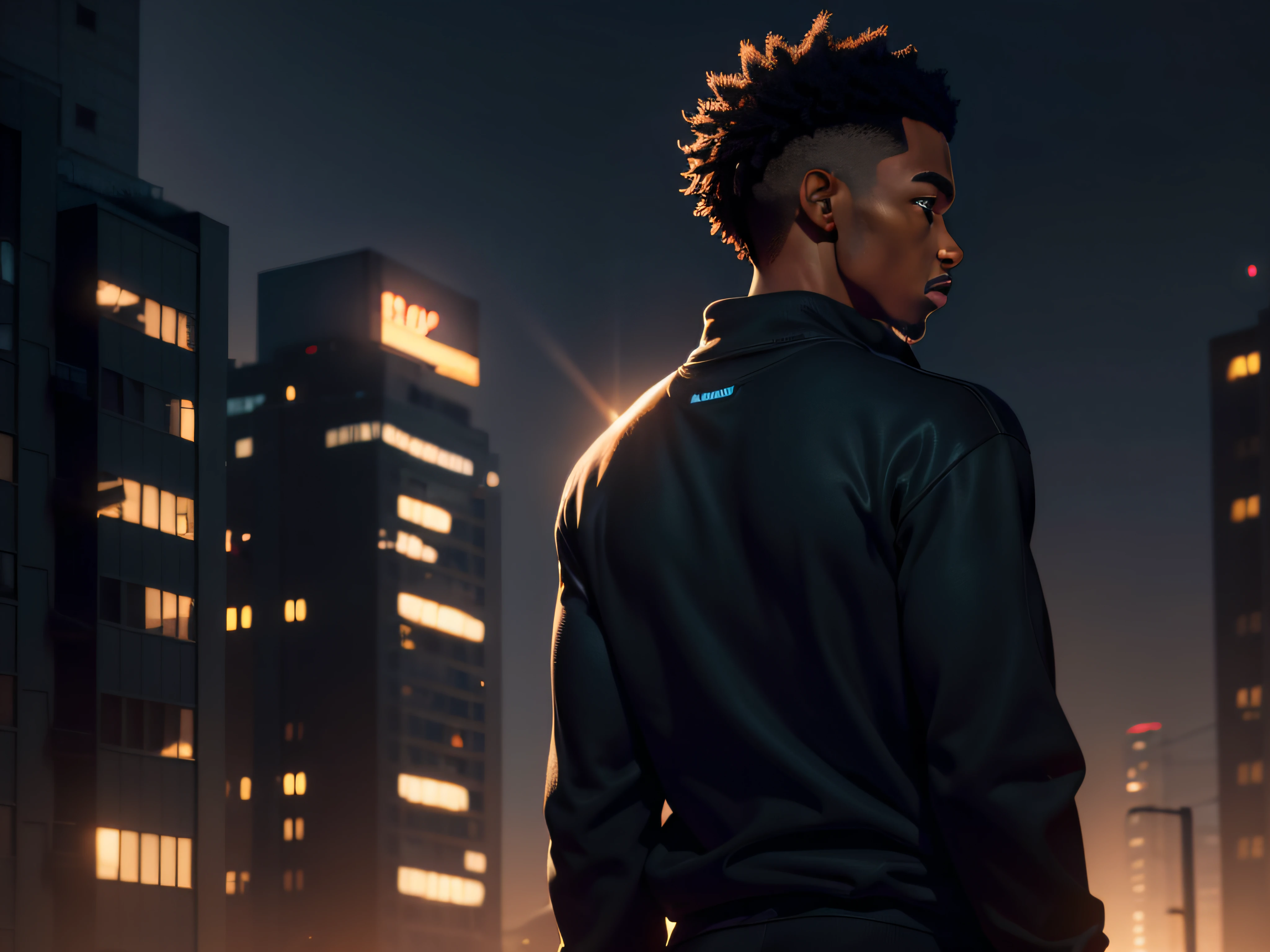 ((high-fidelity night buildings)),((atmospheric perspective)),((back of skinny black male character in sweatshirt)) ,(no beard), (hair with gradient and curly), [super realistic 3D],[night cinematography],[mysterious atmosphere]