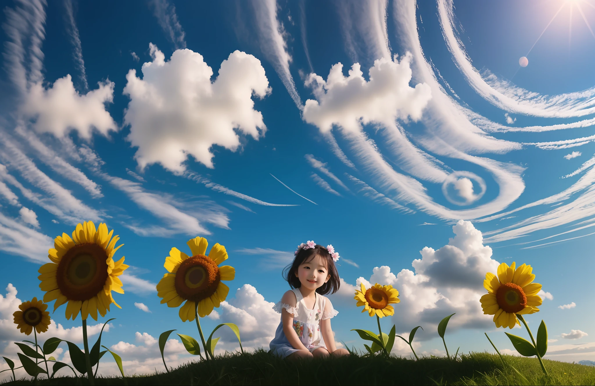 a masterpiece of，high qulity，grass field，The blue sky and white clouds，Big sun，grass field，grass field，trpical garden，florals，himawari，An ，Rich graphics，