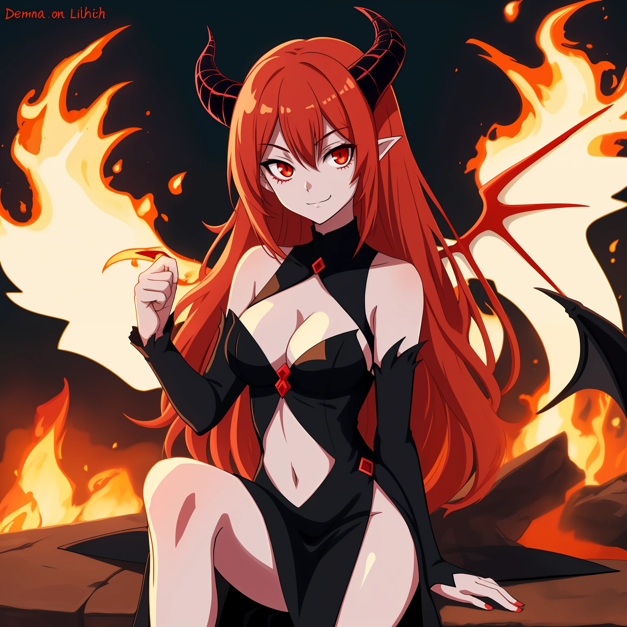anime girl with horns and a black dress posing, beautiful succubus, demon anime girl, succubus in tight short dress, mika kurai demon, demon girl, succubus, demoness, fire demon, hot fire goddess, succubus | medieval, giesha demon, devilish, cheeky devil, lilith, portrait of demon girl, skinny, fit, full body shot, sitting, legs crossed