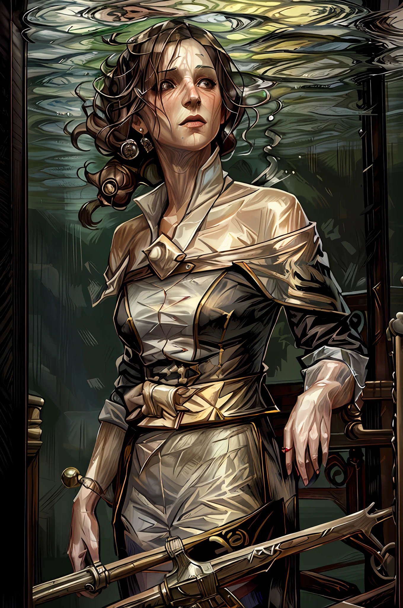 (Underwater) sinking (1woman) (under the water), in 19th century, beautiful painting with highly detailed face, fluid hair, flowing clothes, pale skin, reflections, by greg rutkowski and magali villanueve