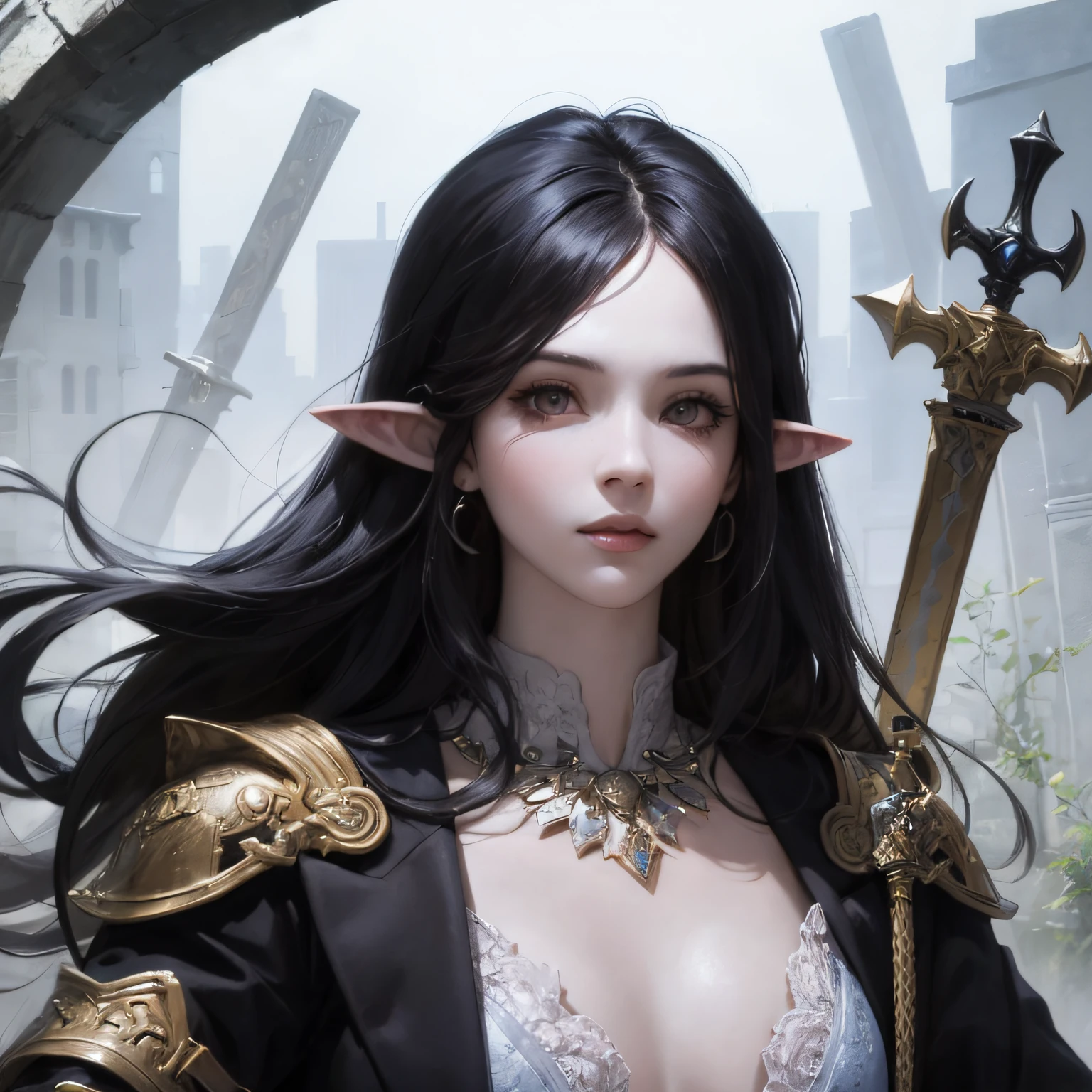 young woman, straight hair, black hair, flat chest, blue right eye, grey left eye, pointy ears, broadsword in hands --auto