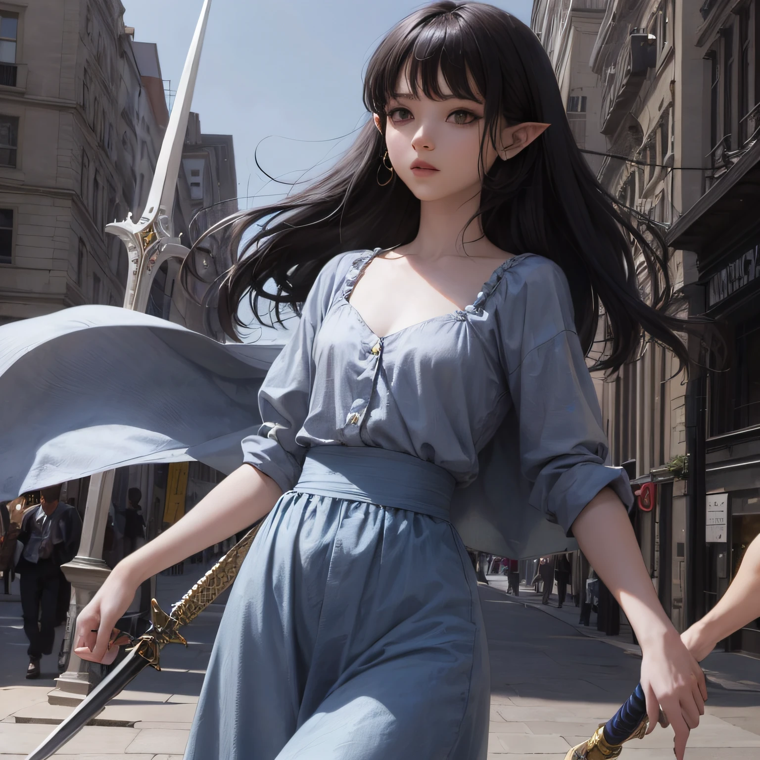 young woman, straight hair, black hair, flat chest, blue right eye, grey left eye, pointy ears, broadsword in hands --auto