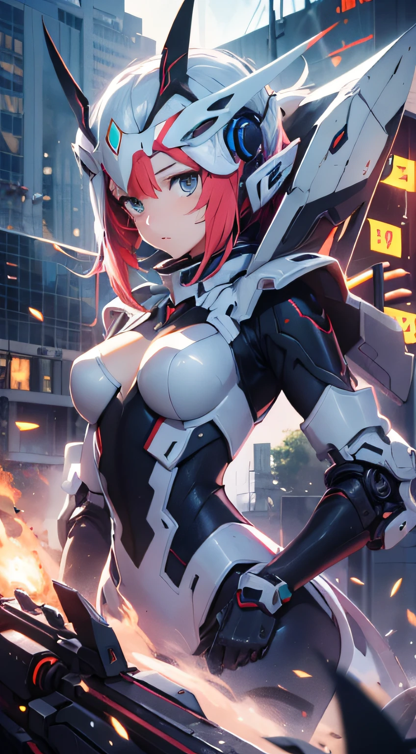 Day man《DARLING in the FRANXX》,The heroine,02,Mecha girl,(The eye,abundantly detailed,)Detailed face,Dragon head mech,Mecha style,Best Quority,8k wall paper,battleground background, Mechanized Valkyrie girl,cyber punk style,