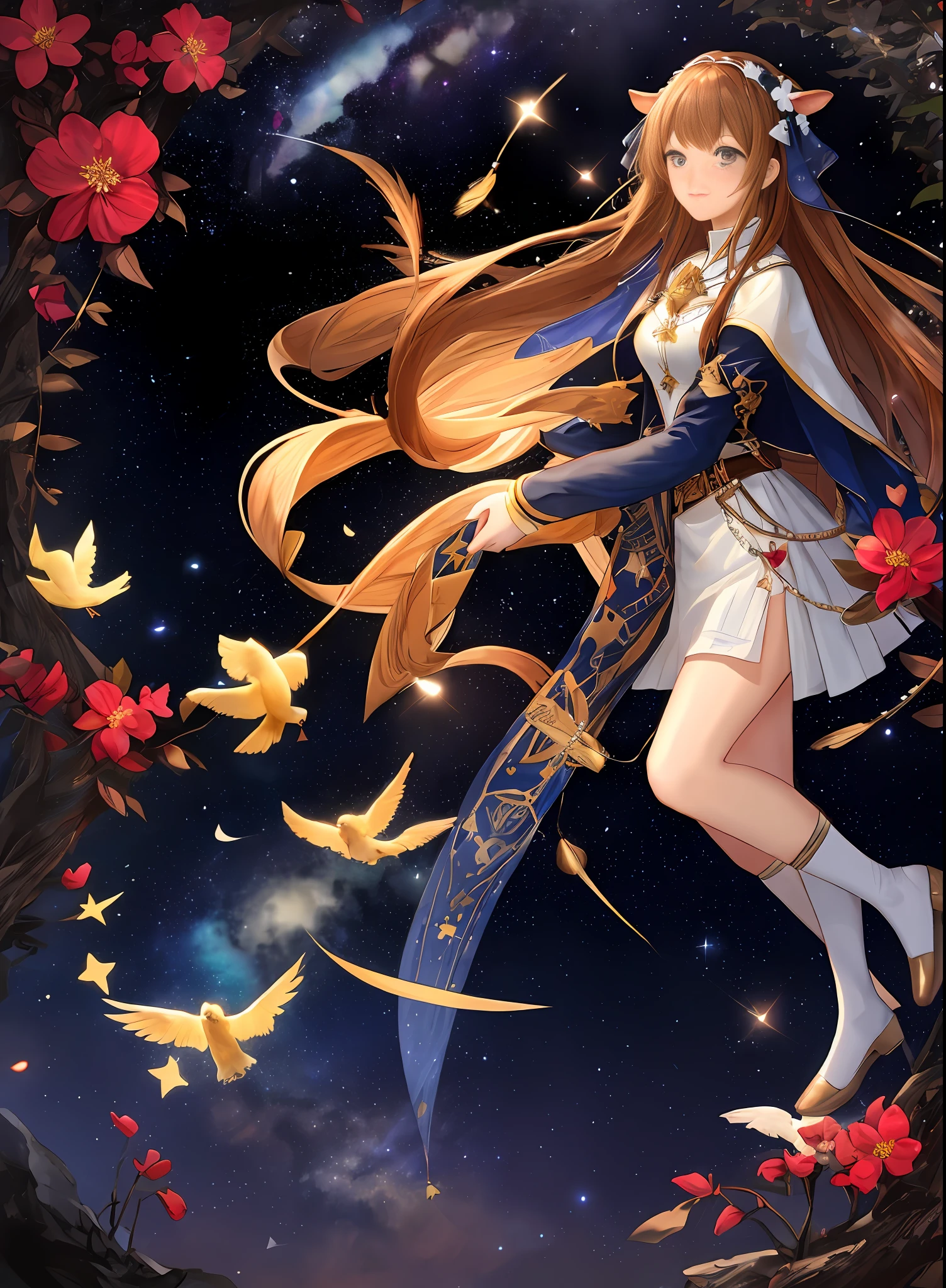 a masterpiece of，Highest quality，Hi-Def，8K，A river of stars，The cowherd and the weaver girl meet hand in hand on the bridge built by the birds，stellar，Galaxy River，love heart，blossoms