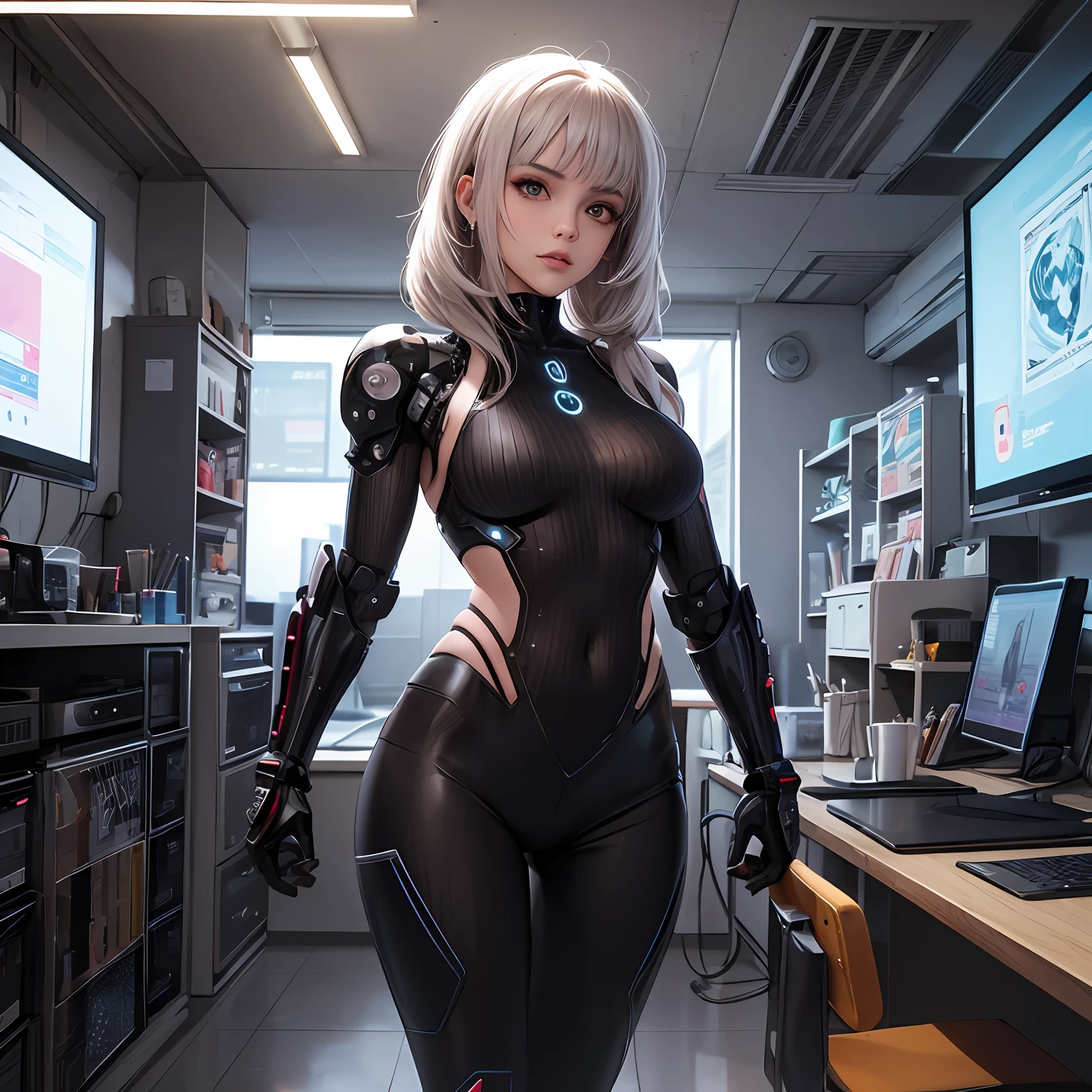 Jedi, mulher bonita, super detalhada, (cabelo castanho com cabelo aparado: 1.3), (cybernetic arms: 1.1), vestida (colete jeans: 1.3), tatuagem, (cyberpunk valentino: 1.1), robot parts, Beautiful soft studio light, luz de borda, detalhes brilhantes, cyberpunk de luxo, hiper realista, anatomic, facial muscles, elegante, fundo bonito, octane rendering, estilo HR Giger, 8k, melhor qualidade, obra-prima, illustration, extremamente delicado e belo, extremamente detalhado, Computer Graphics, unidade, papel de parede, (realista, foto realista: 1.37), impressionante, detalhes finos, obra-prima, melhor qualidade, arte oficial, extremamente detalhado CG Unity 8k wallpapers, absurdos, Incredible absurdities, Roboto, corpo inteiro, (Wide angle: 1.3) --auto