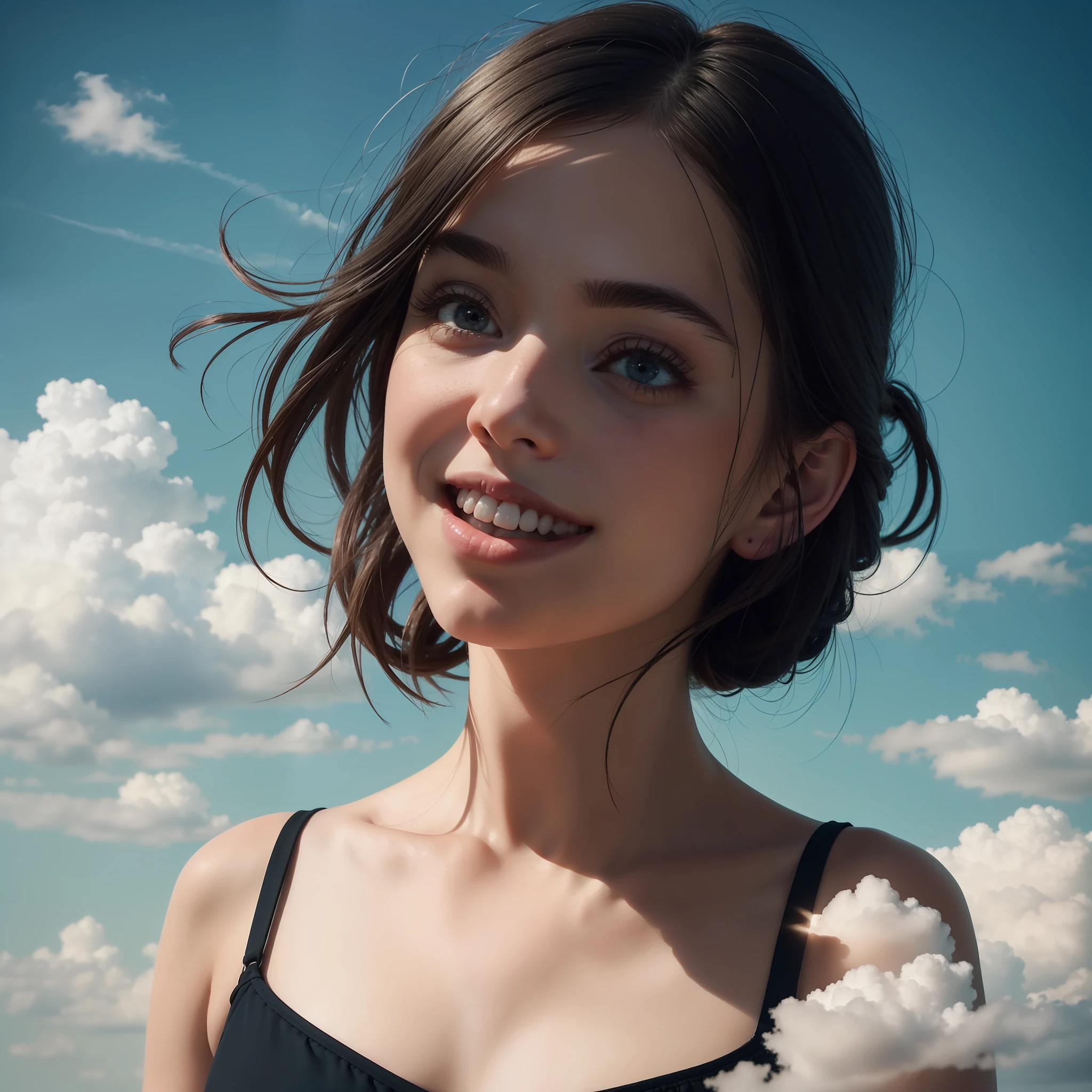masterpiece, best quality, movie still, 1girl, floating in the sky, cloud girl, cloud, (close-up:1.1), bright, happy, fun, soft lighting, (Bauhaus, shapes, lines, abstract:1.1)