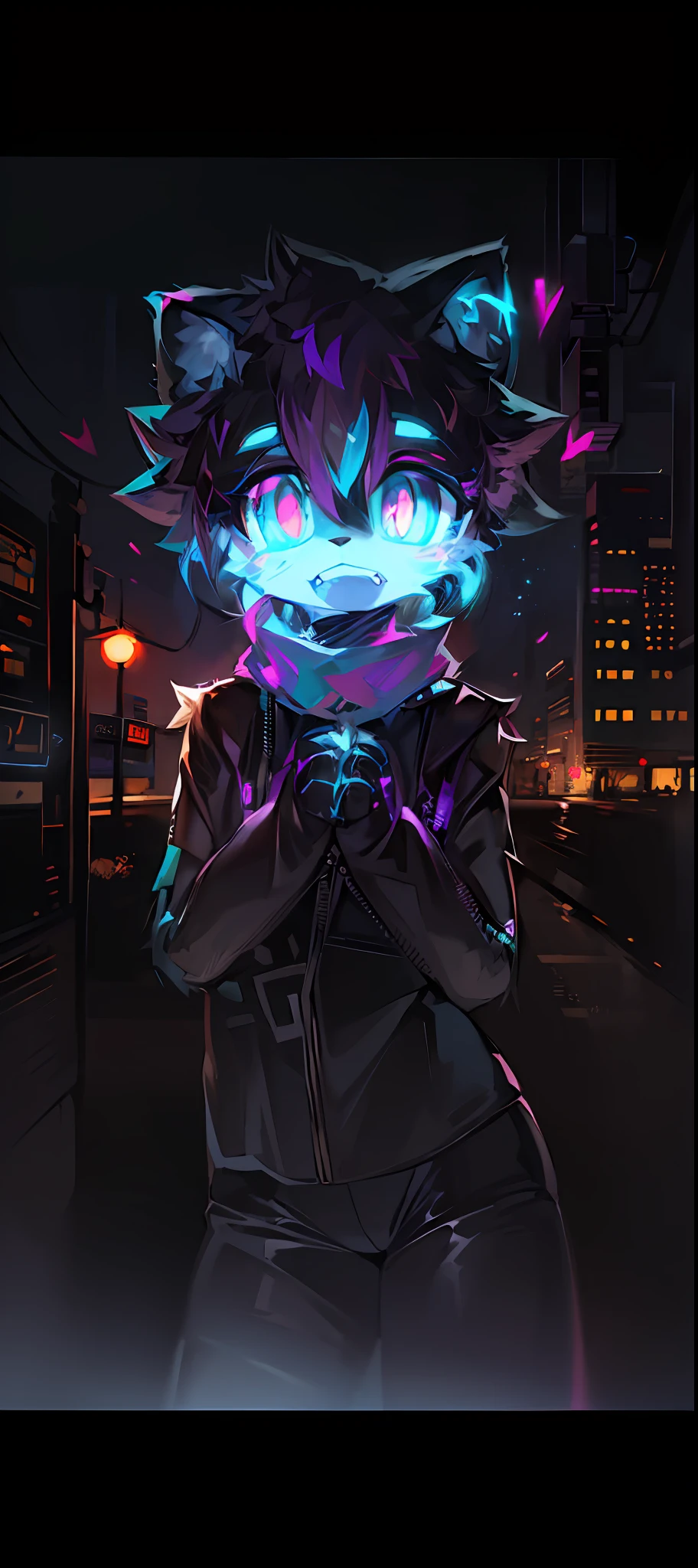 ((solo)), 英俊的电影广角 (Anthro furry leopard female,) cyberpunk, Tokyo, night street, neon lights, dynamic posing, ((beautiful, powerful, serious, strong, detailed feline face, big detailed clear eyes ), 远眺), 自然柔光, 8k, SFW, 宁静, hires, fluffy, leather suit, muscular