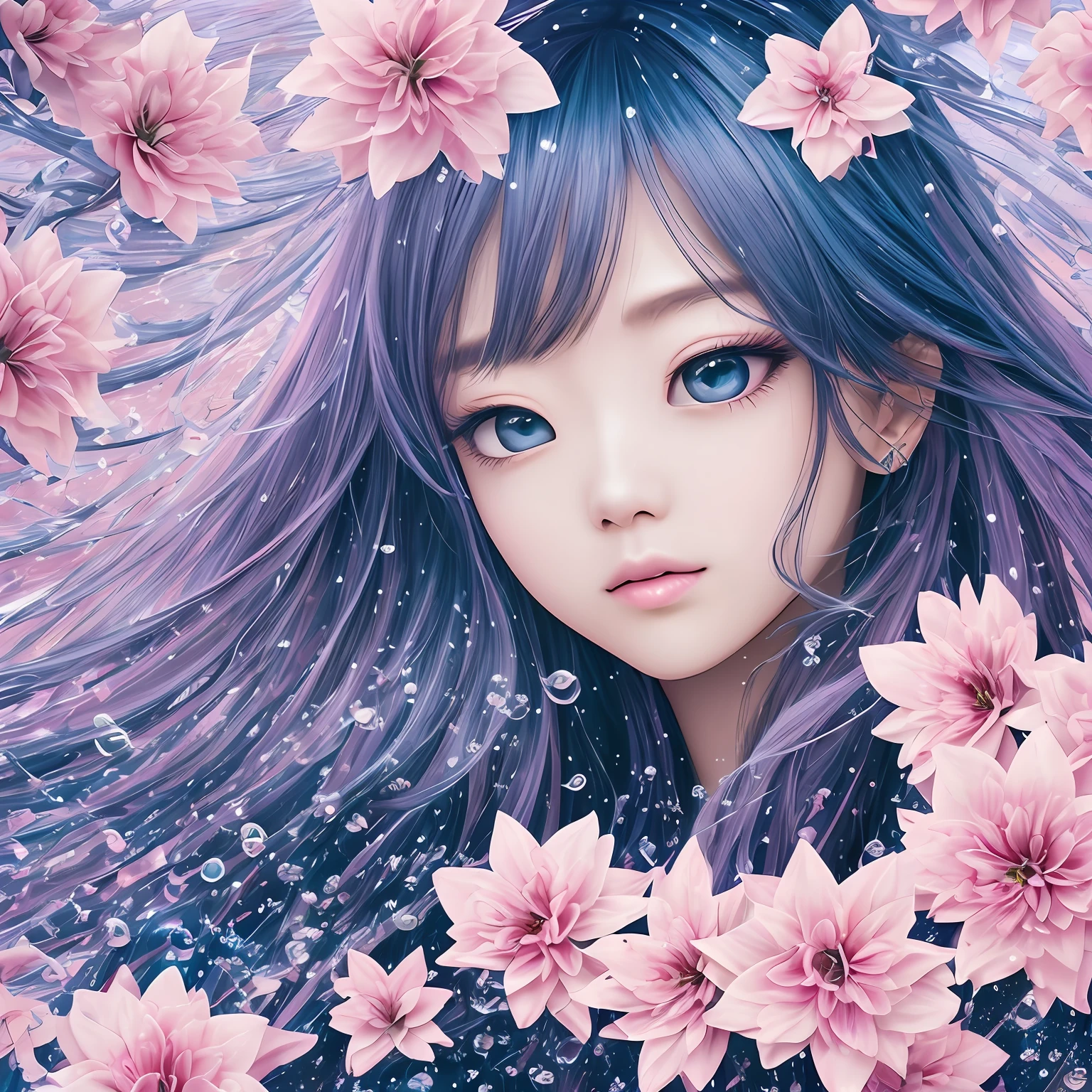 Crystal Spring Flowers、Pink-White Gradient、droplets of water、Fantastic Galaxy、pubic hair is transparent、、Pink-White Gradient、droplets of water、Light blue leaves、brilliance、brilliance、brilliance、Eau、colourfull、、Magic photo of light blue leaves、Dramatic lighting、photo realism、ultra hyper-detailed、4k、Depth-of-fie、A high resolution、Simple black background