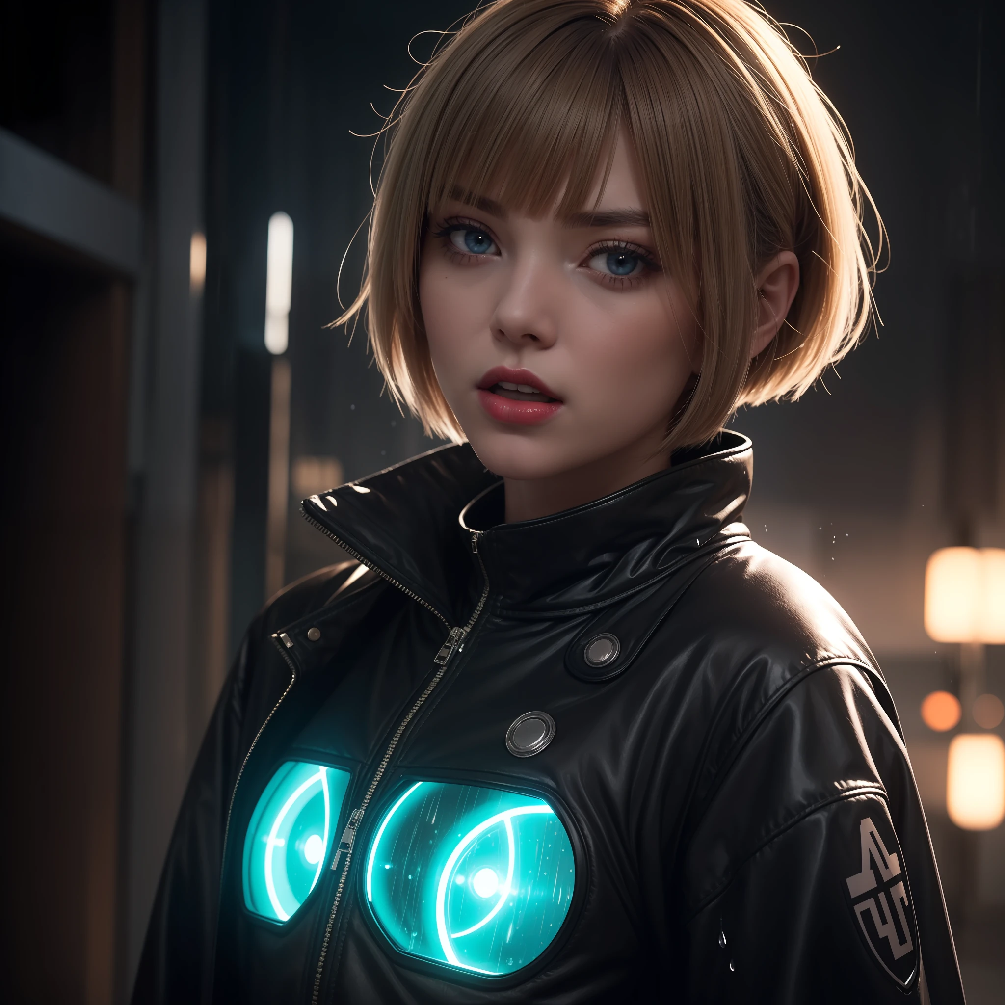 1girl, By bangs, gray hairs, blue eyess, fashi-girl, bob cut, Short Hair Hair,, 鎖骨, Open the coat, mechs, cyberpunked, neons, A MILF, Glows skin, rainwater, droplets of water, badass,Redlip,side looking,Mouth closing,head phone,cinematiclight