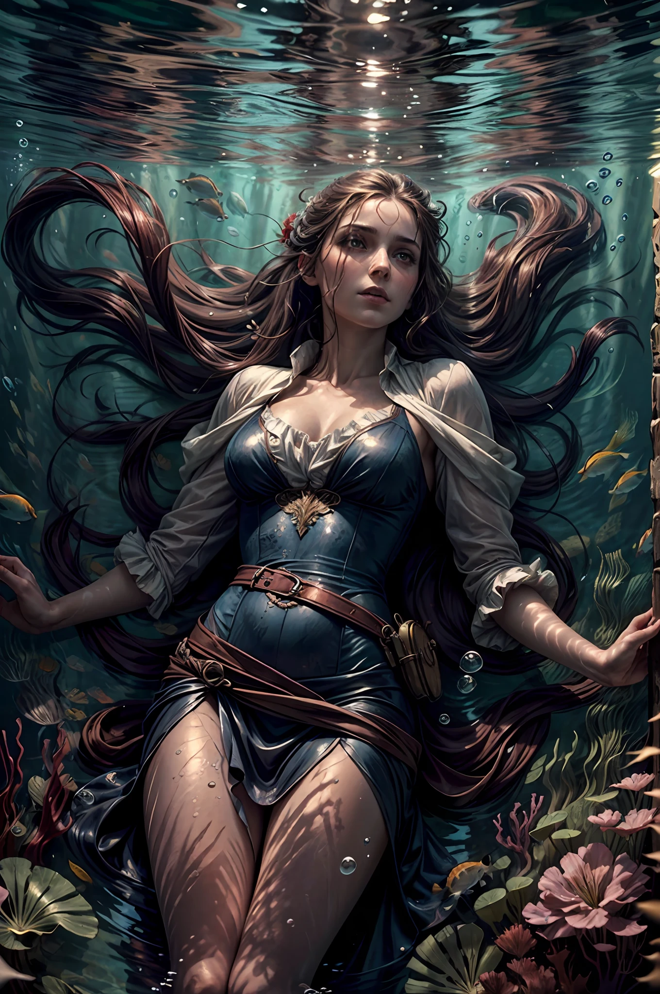 (Underwater) dead (1woman) (under the water), in 19th century, beautiful painting with highly detailed face, fluid hair, flowing clothes, pale skin, reflections, by greg rutkowski and magali villanueve