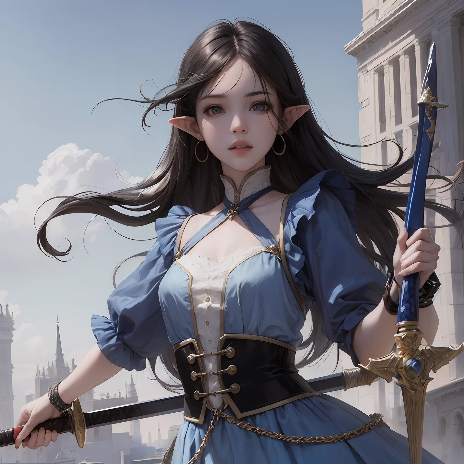 young woman, straight hair, black hair, flat chest, blue right eye, grey left eye, pointy ears, holding a broadsword, blue dress --auto