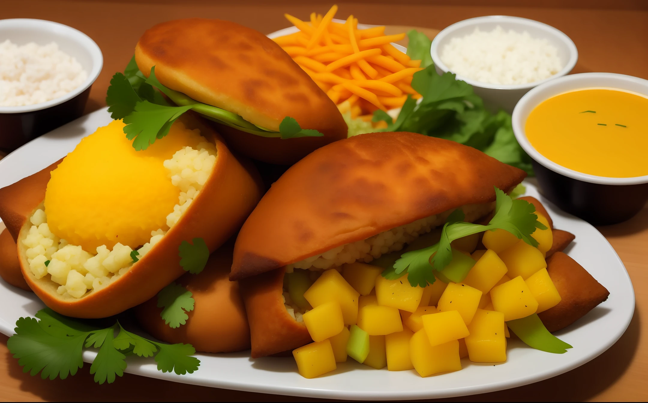 Por favor, Create a vivid, high-contrast illustration of a coxinha savory. A coxinha deve parecer realista e apetitosa. Quero ver o detalhe da textura crocante por fora, bem como o recheio cremoso de frango por dentro se estiver mordido. Include a nice background with elements related to Brazilian fast-food cuisine.
