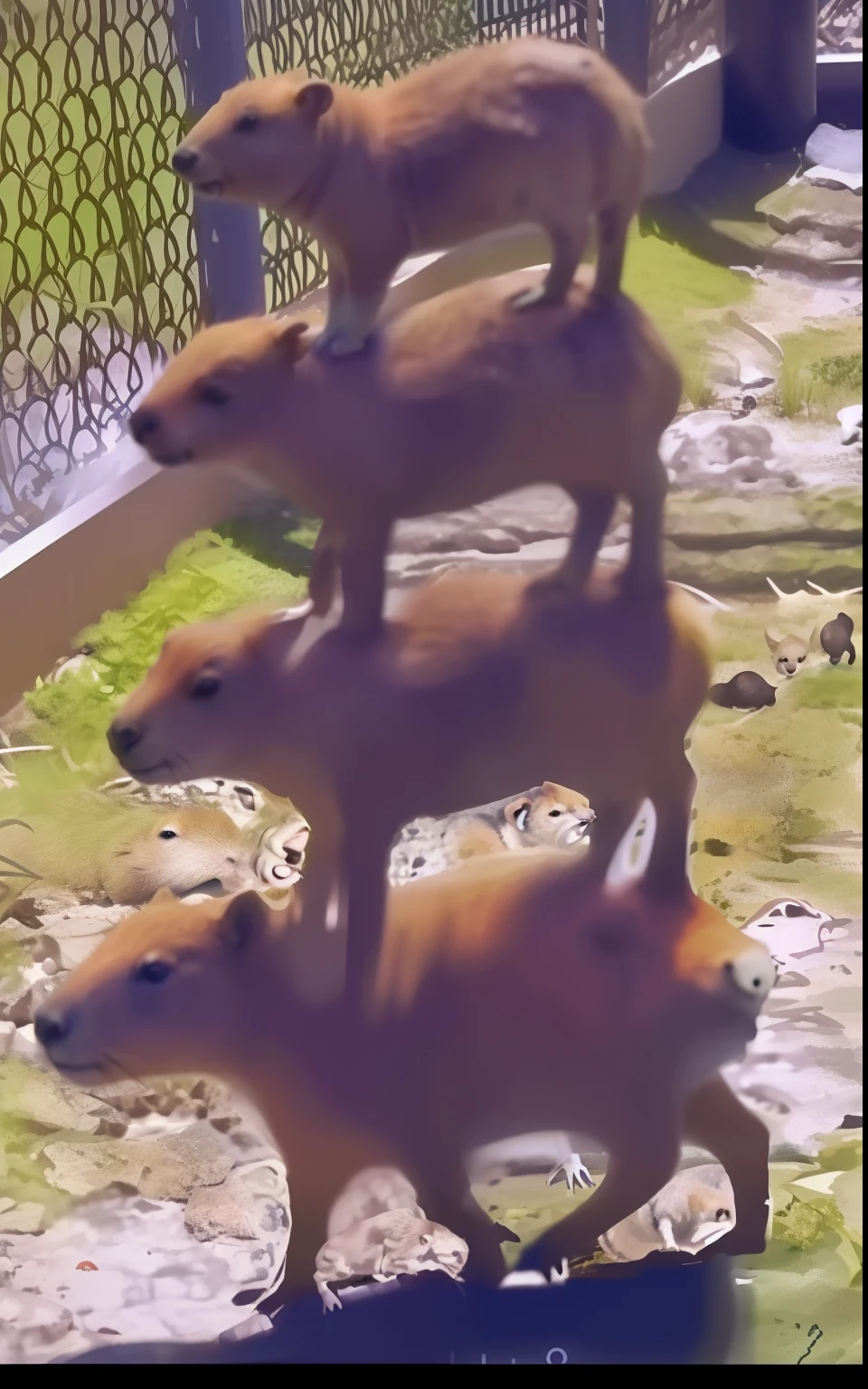 there are three small animals standing on top of each other, giga chad capaybara, capybara, capybaras in tokyo, capybara pirate, very symmetrical, screengrab, quadrupedalbipedal, real picture taken in zoo, stacked, viral photo, extremely symmetrical