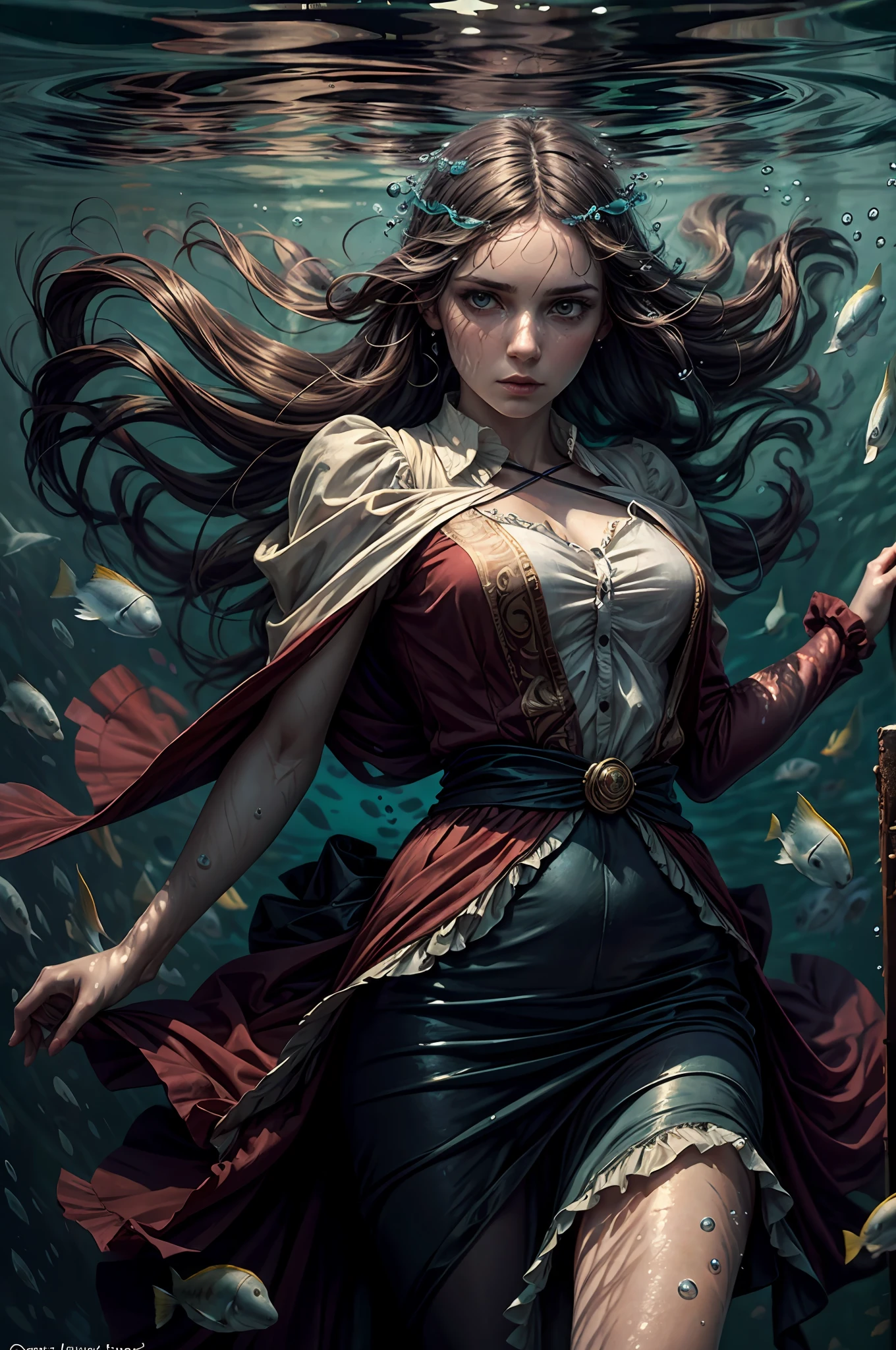 (Underwater) dead (1woman) (under the water), in 19th century, beautiful painting with highly detailed face, fluid hair, flowing clothes, pale skin, reflections, by greg rutkowski and magali villanueve