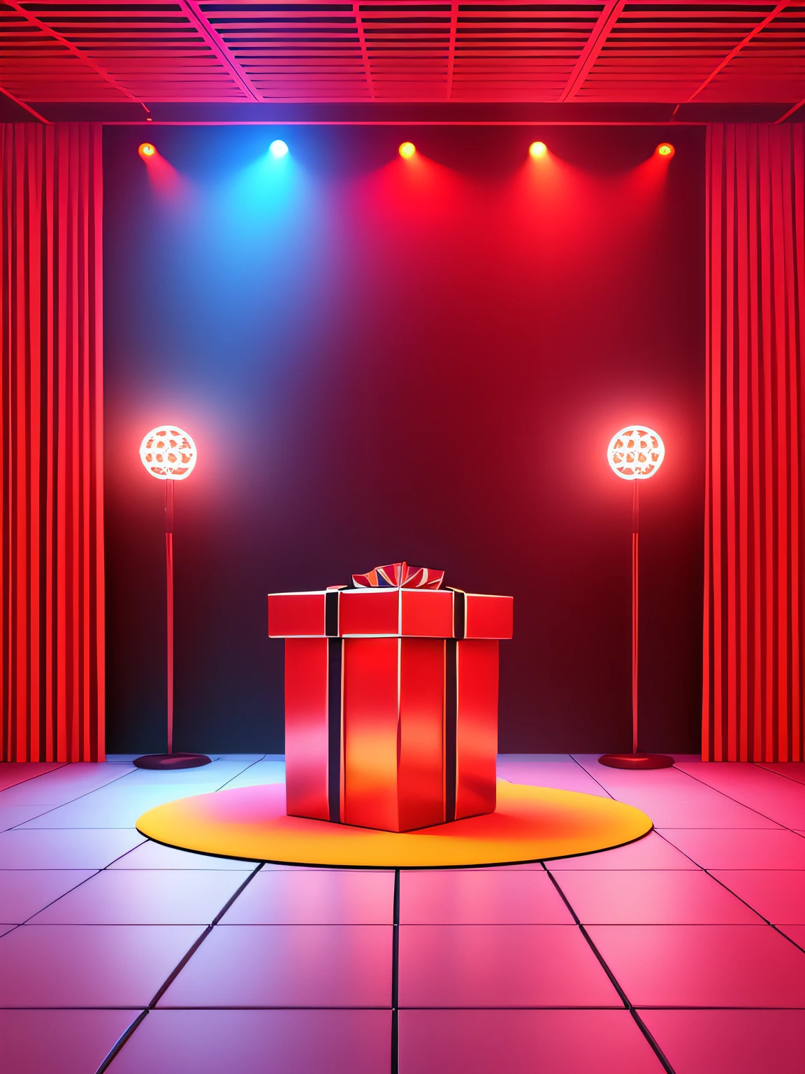 Orange background,a poster for a,c4D,stage,Gift box,The mobile phone stands in the center of the stage,Good light