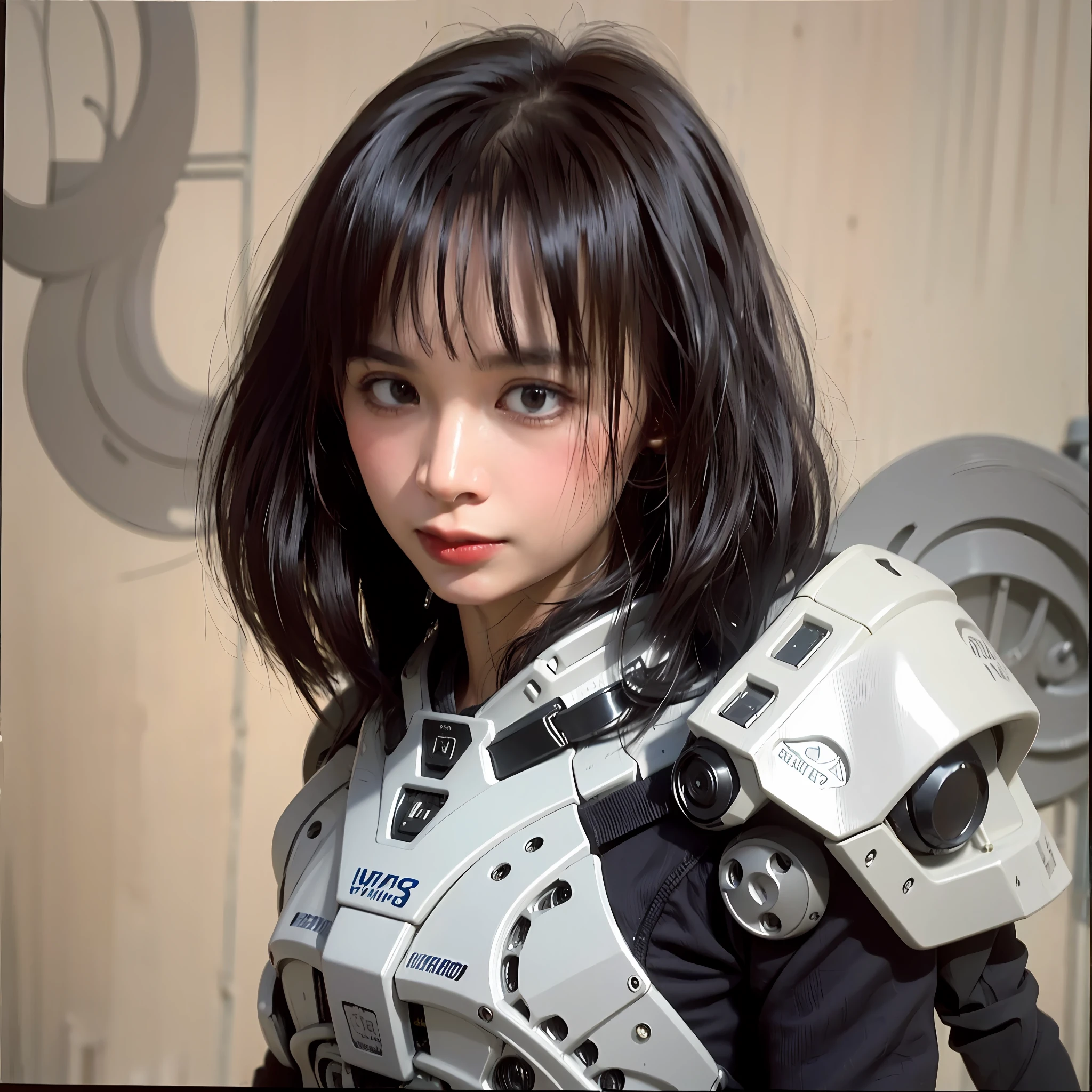 masterpaintings，（Best Quority：1.3)，ultra-high-resolution，OriginalPhoto，Detail Skins，belas luzes，(realisticlying，photograph realistic：1.4)，a woman with，victorious expression，Upper body body，He was wearing a mech，White and black mechs，with short black hair，By bangs，with long bangs，Domineering pose，Fighting posture，cinematic photogtaphy，(white backgroun),Simple background，