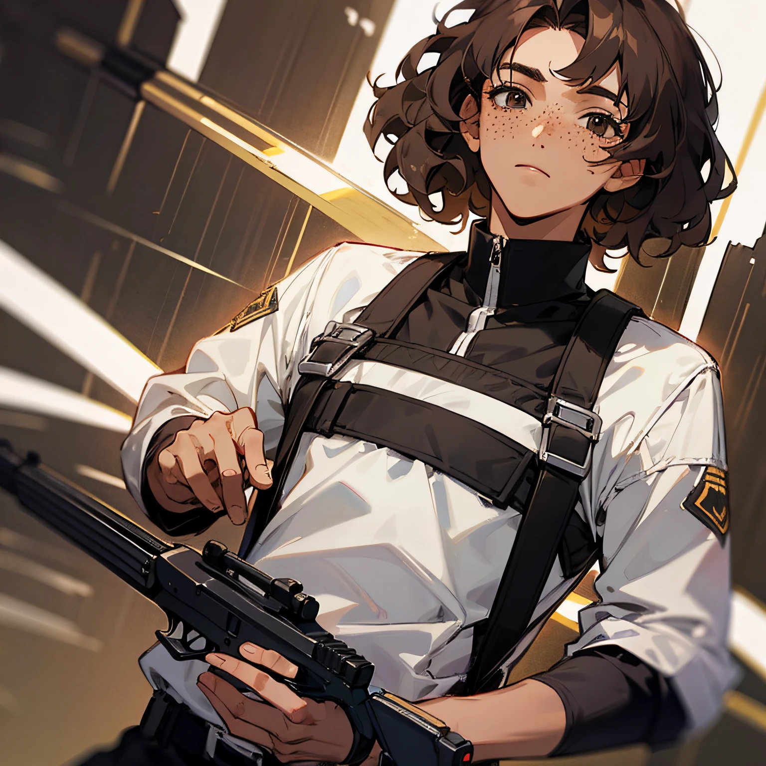 young man, dark brown hair, medium short hair, wavy hair, dark skin, freckles, black clothes, gun in hand