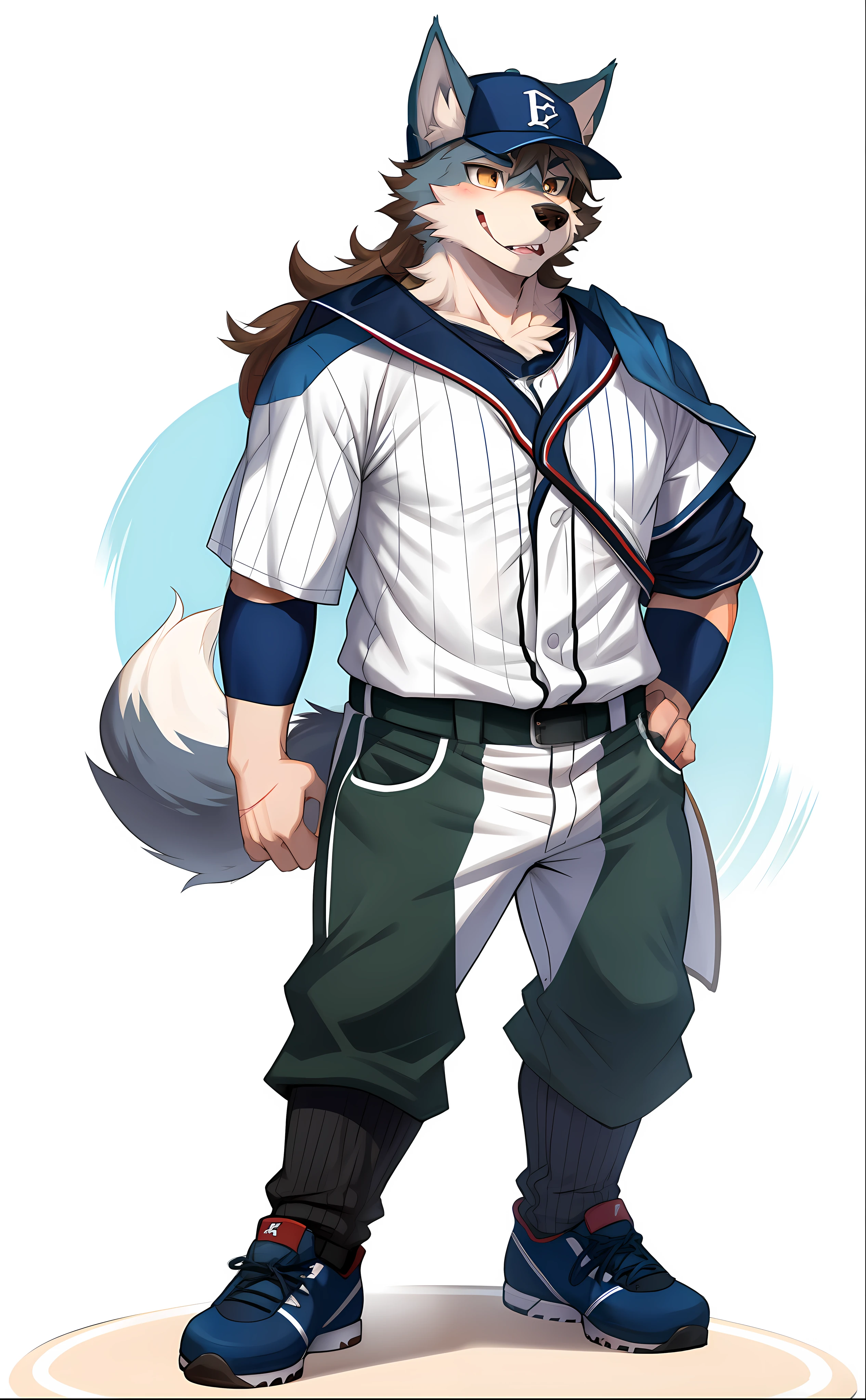 Wolf boy，1 male furry, 独奏，shaggy，Baseball uniforms，baseball cap，Baseball pants，Baseball attire，Stand on the baseball field，perspired，sport，Thin body type，Shota