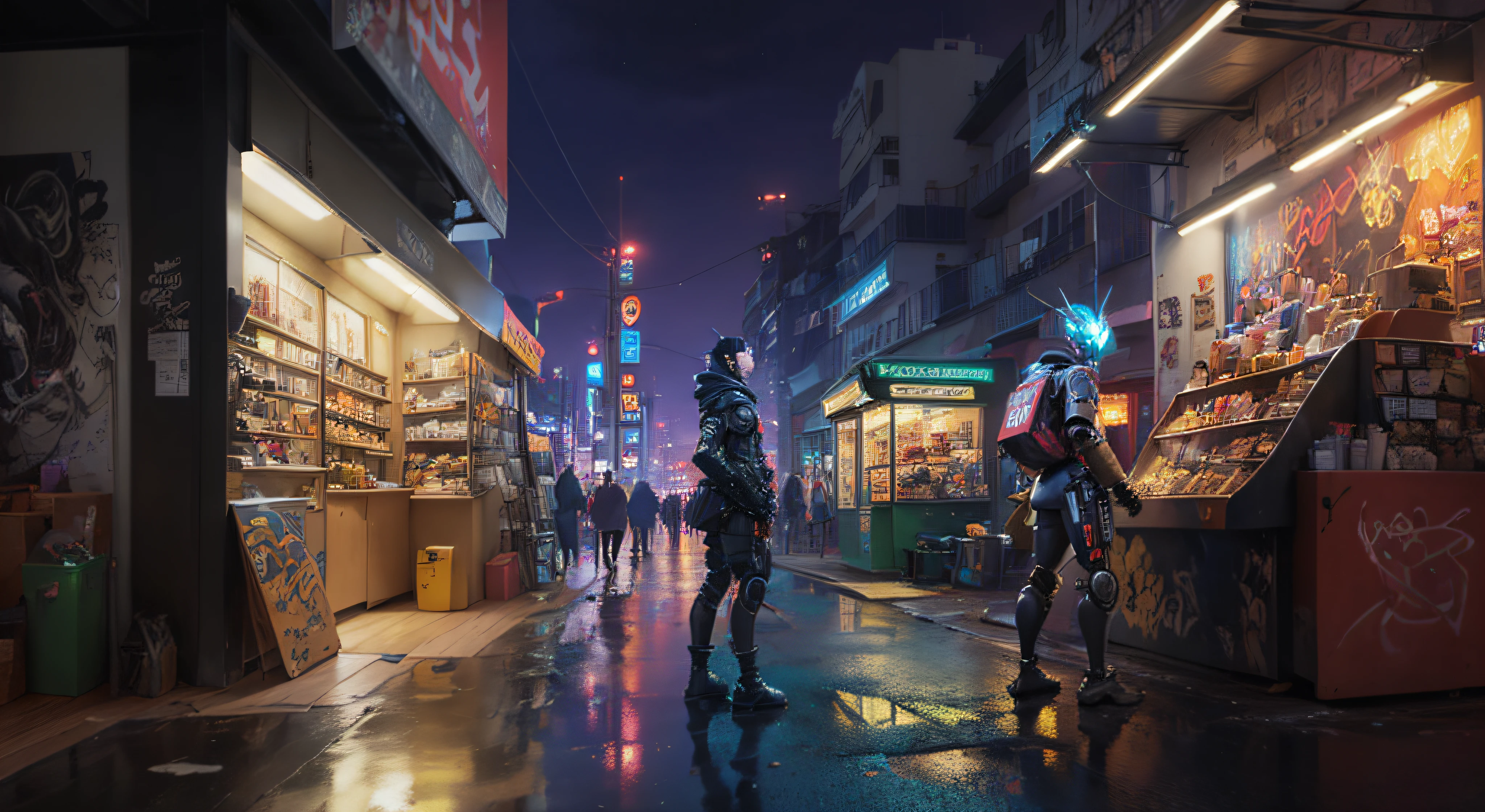 (masterpiece, 4k, ultra detailed:1.2),(anime:1.2),illustration,(realistic:1),(photorealistic:1), (solo:1.2), (from side:1.2),(sad:1.4), (panorama, Perspective: 1.4), (landscape, indoor, outdoor, cityscape, night, house, cyberpunk, asphalt, rain, graffiti art, reflection, shop, kiosk, street, robot, character and robot battle), (neon)