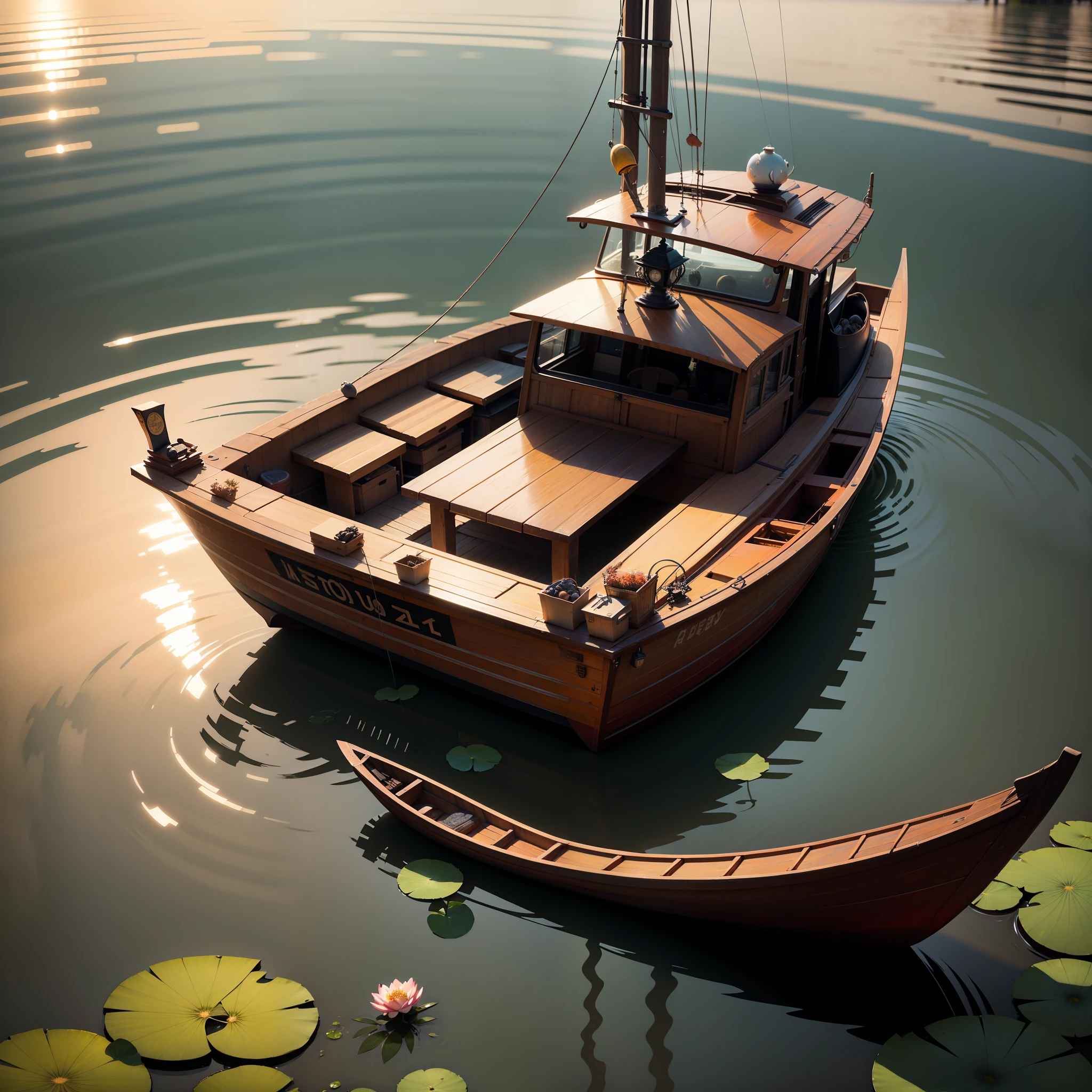 Exquisite masterpiece | vividly colored lotus pond | floating lotus leaves, night, sunset | boat gliding across the water, highly detailed, 4k resolution,--ar 16:9 --auto