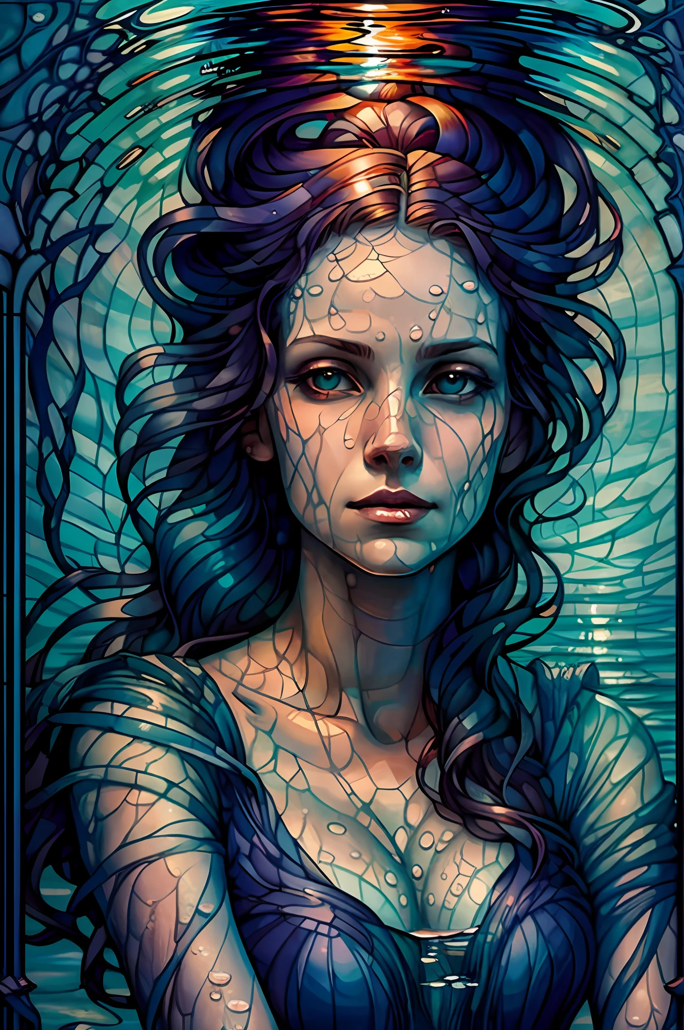 (Underwater) drown (1woman) (under the water), in 19th century, beautiful painting with highly detailed face, fluid hair, flowing clothes, pale skin, reflections, by greg rutkowski and magali villanueve