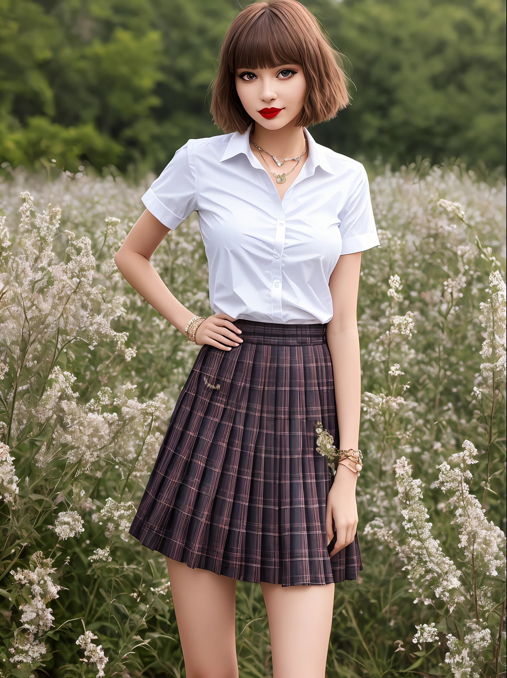 nsfw, 8K raw photo, Best quality, masterpiece, ultra high res, film grain, filmg, 1girl, looking at viewer, natural skin texture, realistic eye and face details, full lips, lipstick, (makeup), red eyeshadow, fluffy short hair, messy hair, smile, close mouth, beautiful legs, tall female, skinny, slim_legs, solo, enormous breast, cleavage, Pose with buttocks facing you, ultra short skirt, ass, shirt, beautiful nature location, around flower location, (detailed background), plaid skirt, white shirt, enormous breast, cleavage, Show a little cleavage through the shirt, loafers, blurry background, blurry, holding, plaid, short sleeves, jk ribbon on the neck, jk ribbon, brown hair, bracelet, water, bangs, school uniform, jewelry, parted lips, lips, from side, pleated skirt, depth of field