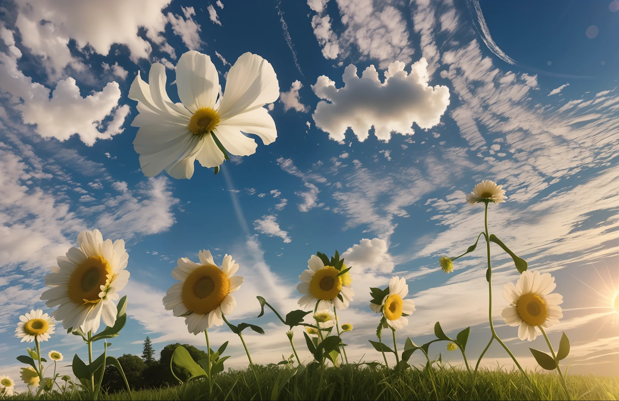 a masterpiece of,high qulity,grass field,The blue sky and white clouds,Big sun,grass field,grass field,trpical garden,florals,himawari,An 8-year-old girl,Rich graphics,