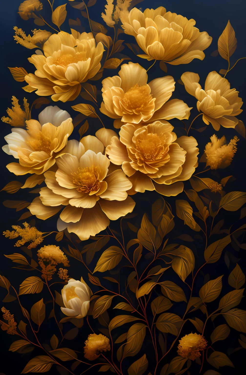 There is a painting with only flowers，There are a lot of flowers on it, golden flowers, gold flowers, flowers and gold,  A beautiful artwork illustration, detailed flowers, digital painting highly detailed,ornate flowers, ornate floral