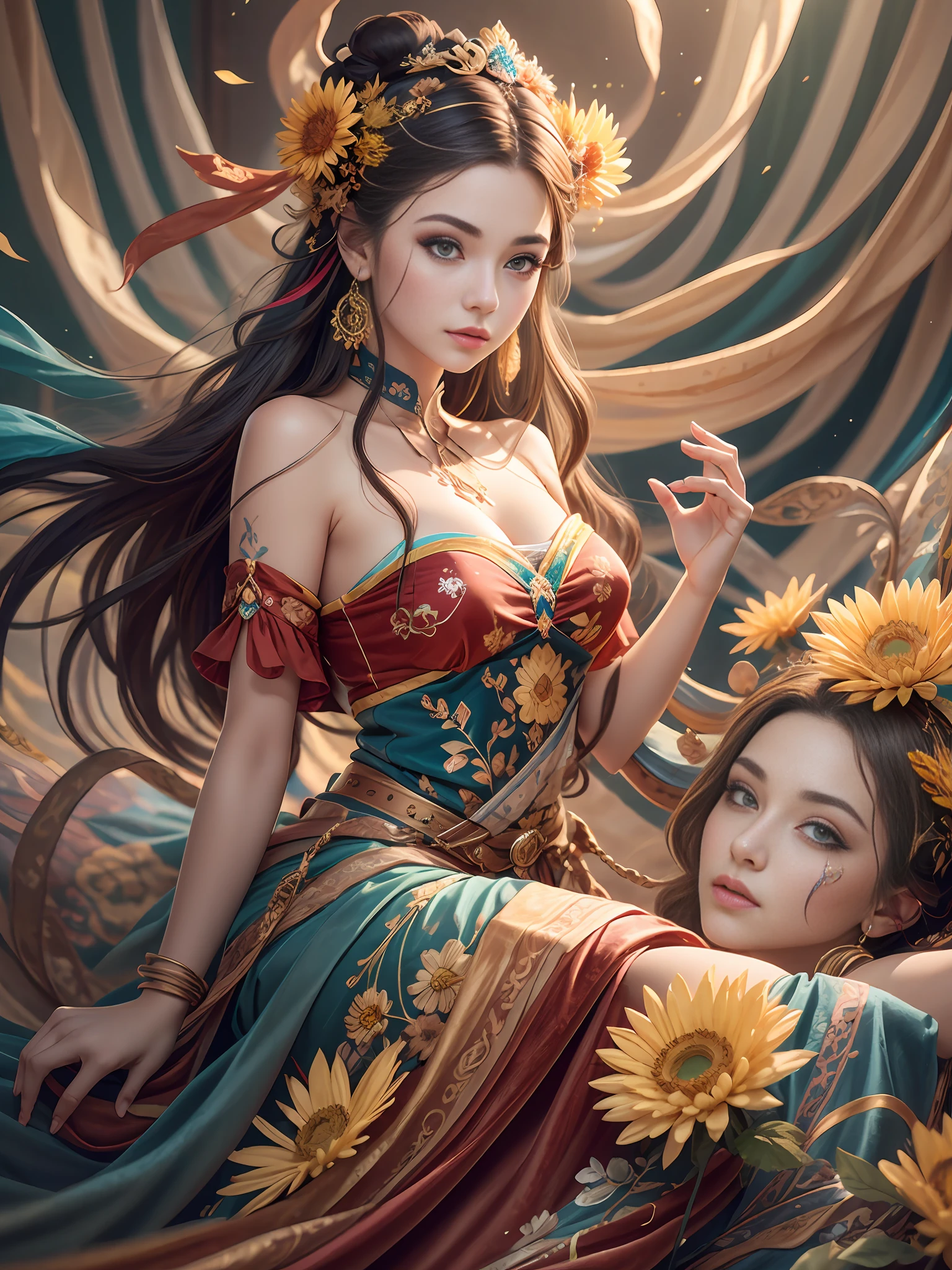 Bestquality,a masterpiece,Ultra-detailed high resolution,(Vivid:1.4),RAW Photos,,illustartion,1girle,(Solo exhibition:1.2),(Cowboy lens:1.2),(Hair crown:1.2),Traditional costumes of Dunhuang, China,strapless,(Red eyeliner:1.2),(Black eyes:1.4),earings,Dynamic angle,opera house,messy_long_hair,ink,Cinematic Light,lens_flare,velvet,chrysanthemum,tassels,Ribbon,Colorful embroidery,upper half body,facing the lens,Dynamic Pose,Large,Embroidered cloth shoes