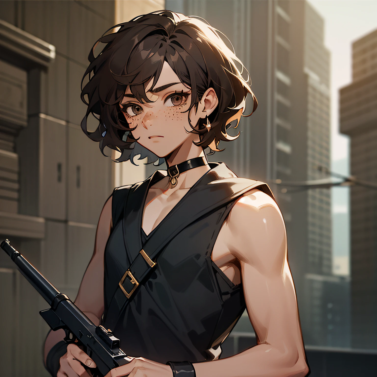 young man, dark brown hair, dark brown eyes, medium short hair, wavy hair, dark skin, freckles, black top, gun in hand, black choker, kpop style