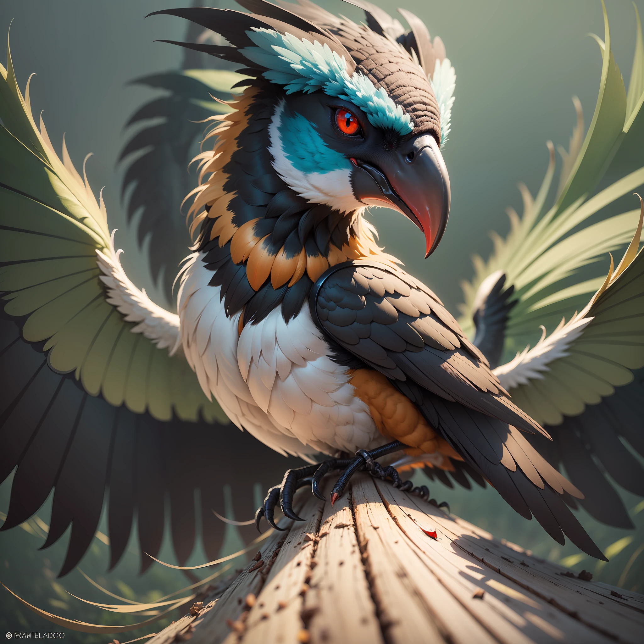 "Perfeitamente detalhado, surreal e impactante, create a 4K image of a giant black bird with red eyes and bold colors."
