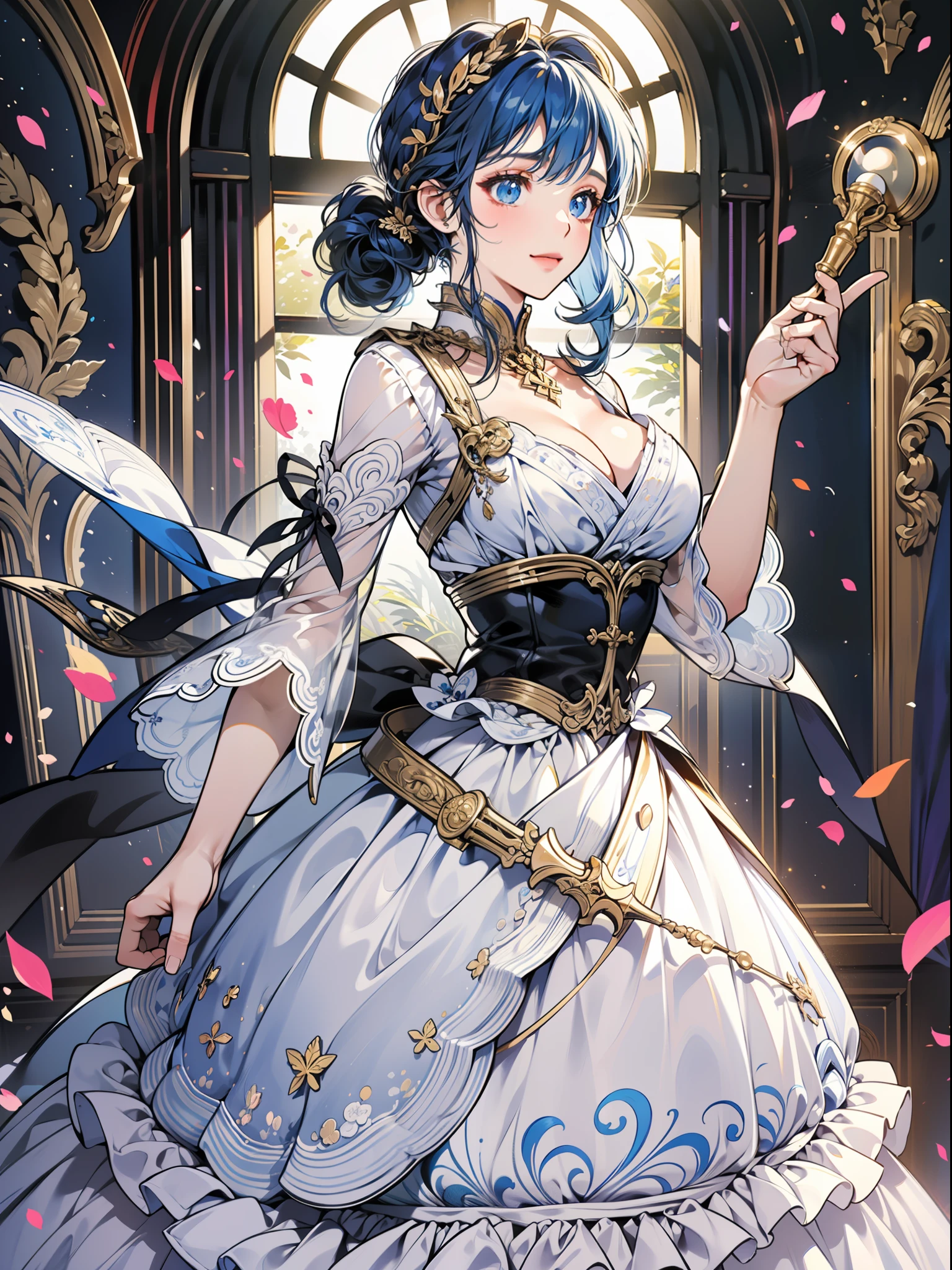 Girl Huge breasts, White dress, Double ball head, dual horsetail, blue hair, lovly, (Sweet details), (1人), solo person, Side Body, (Clothing with a high sense of design), (Cheerful expression), Spellcasting, Standing painting, Character CG, HD CG, UHD, best quality, high details, highres