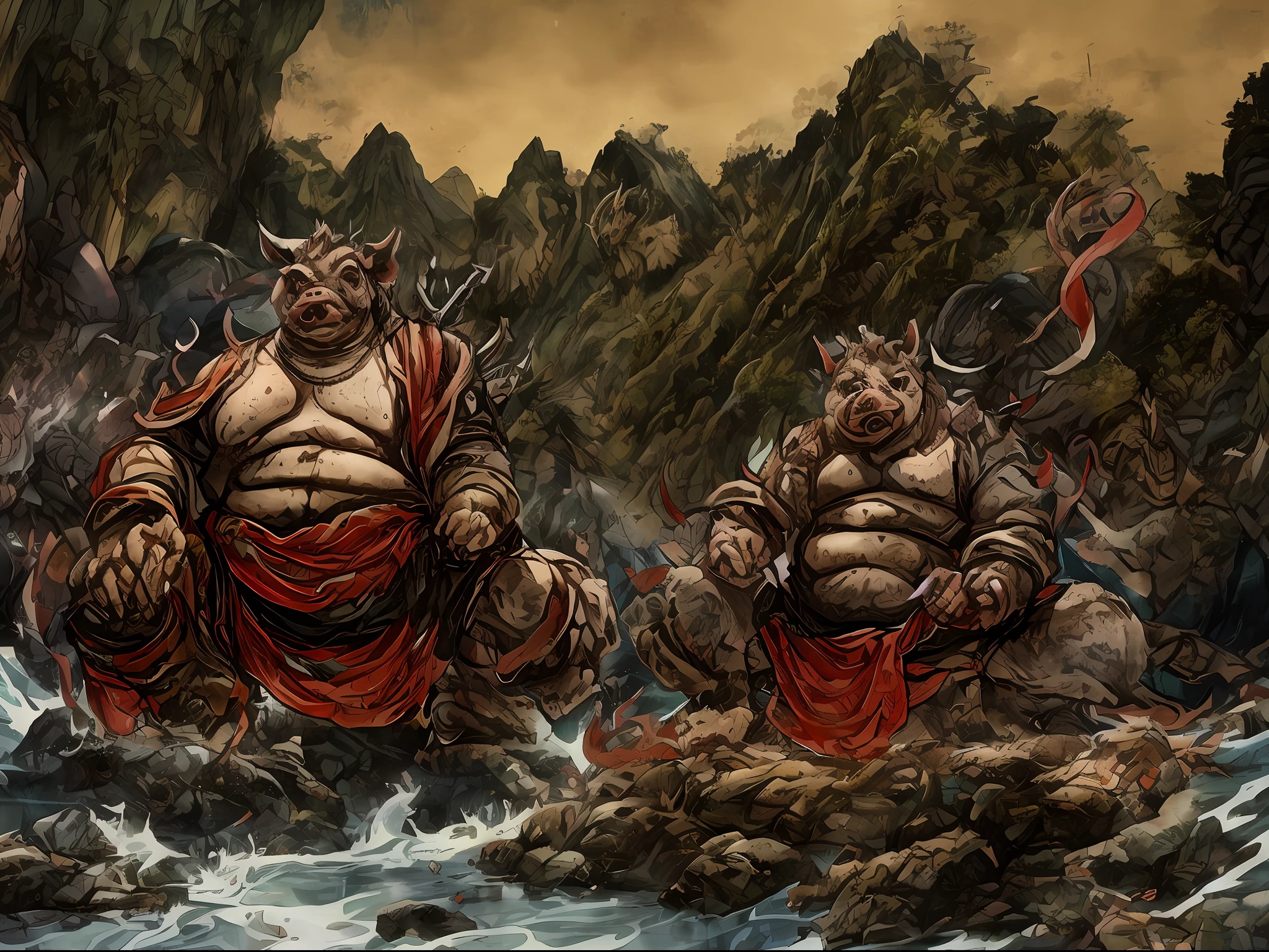 An anime scene of a giant pig demon,The pig demon sits cross-legged on the throne,Obesity,The feeling of the Buddha,Gloomy cave background,Comic book style,A military general with a spear stood in front of it, Atmospheric perspective,Super detail,A high resolution,speed-line,Boss battle perspective,Size contrast,Mountain and sea sutra style,Thick coating of the board,Chinese painting style,Look up at the perspective