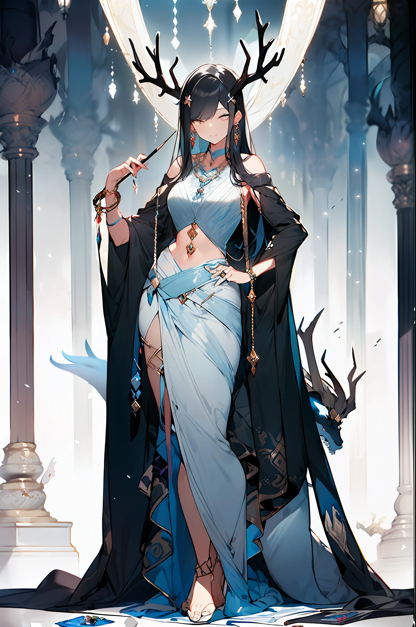 Masterpiece, great black and white anime works, style of Japanese manga masters, black and white art, line art, pen drawing art, a mature woman (from below: 1.5) standing on wet ground, (((((standing)))) (solid color silk robe + openwork transparent design inspired by Victoria's Secret), (broken + clothing: 1.5) (full body pose: 1.5), (krounchana: 1.5) hips ((lower chest + upright under bra)), ( Double eyelids) (delicate makeup) (fantasy: 1.2), dragon woman, antlers growing on head, dragon element, (mythology: 1.5), exposed navel, tethered panties, (large panorama: 4), wide angle, (dramatic: pose), (ethereal: lighting), (mysterious: atmosphere), (complex: details), (carefully designed hair + design), (ancient artifacts), dragon princess (elaborate necklace bracelet earrings gemstone pendant inspired by Harry Winston) (sacred: radiance), (Spiritual Essence) (Evocative: Expressive), Long Legs, 180CM Height, (Bold: Brush Strokes), (Epic: Proportional) Masterpiece 16K --s2