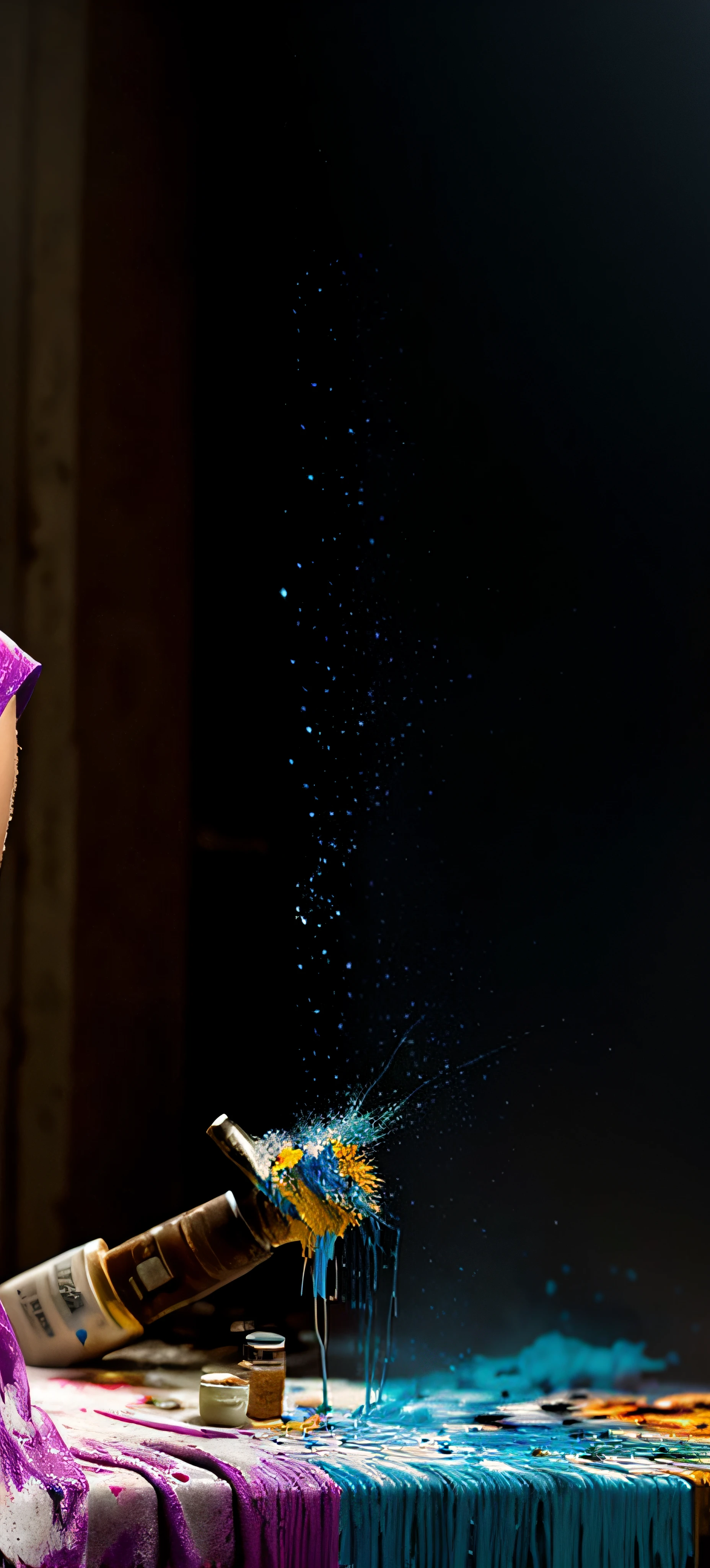 (masterpiece, best quality), (the mess, intricately detailed living city), cinematic realism, insanely detailed filthy place, full of junk, chaos, (Paint poured on the body:1.4), splash, brushwork, intricately detailed filthy place, film grain, HD, 8k, volumetric lighting, light - dark, smoky, dimly lit, cool colors, 8K, smoke, particle fx, mist, haze debris, heavy strokes, paint drips, fusion of fluid abstract art,