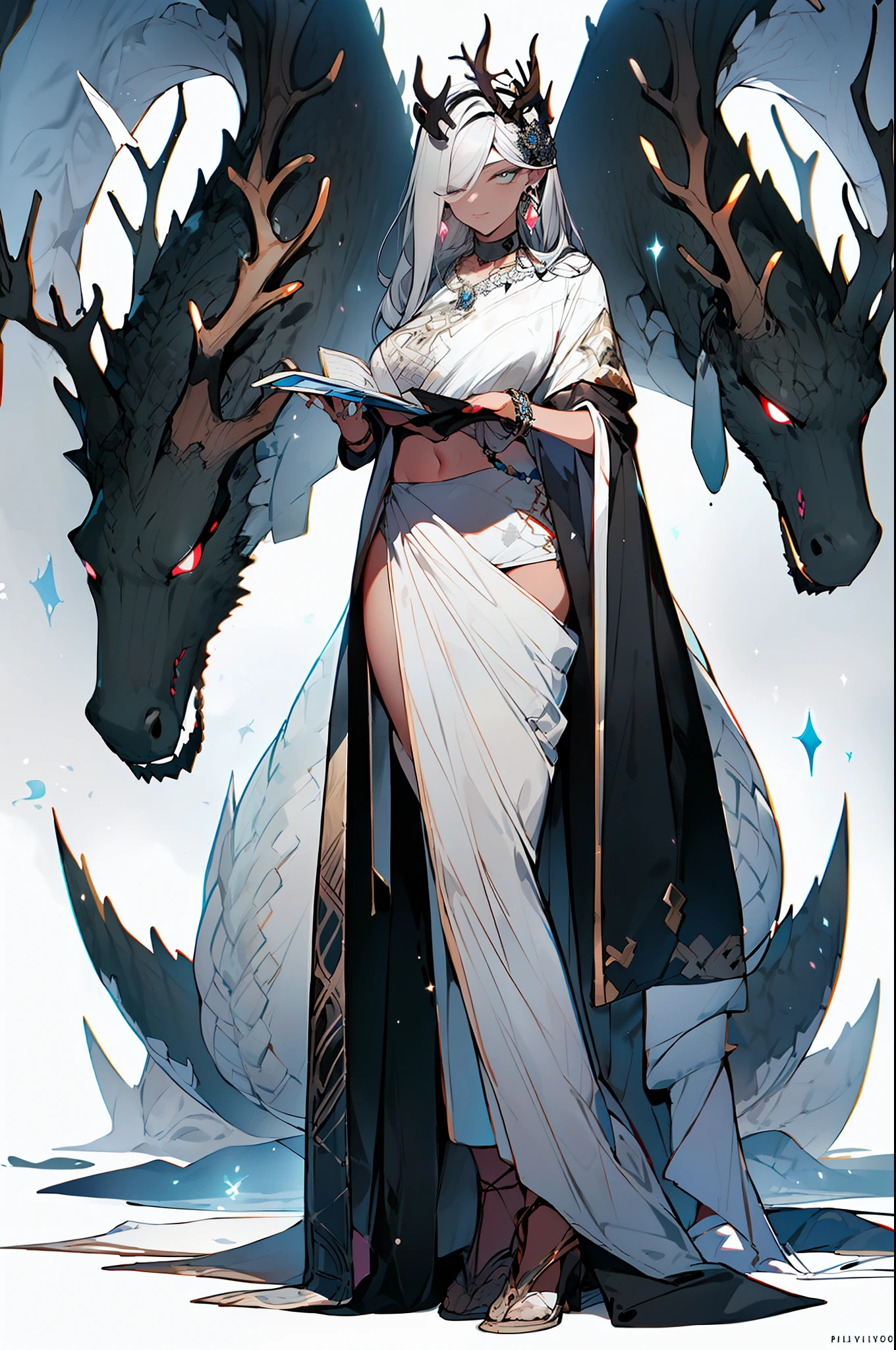 Masterpiece, great black and white anime works, style of Japanese manga masters, black and white art, line art, pen drawing art, a mature woman (from below: 1.5) standing on wet ground, (((((standing)))) (solid color silk robe + openwork transparent design inspired by Victoria's Secret), (broken + clothing: 1.5) (full body pose: 1.5), (krounchana: 1.5) hips ((lower chest + upright under bra)), ( Double eyelids) (delicate makeup) (fantasy: 1.2), dragon woman, antlers growing on head, dragon element, (mythology: 1.5), exposed navel, tethered panties, (large panorama: 4), wide angle, (dramatic: pose), (ethereal: lighting), (mysterious: atmosphere), (complex: details), (carefully designed hair + design), (ancient artifacts), dragon princess (elaborate necklace bracelet earrings gemstone pendant inspired by Harry Winston) (sacred: radiance), (Spiritual Essence) (Evocative: Expressive), Long Legs, 180CM Height, (Bold: Brush Strokes), (Epic: Proportional) Masterpiece 16K --s2
