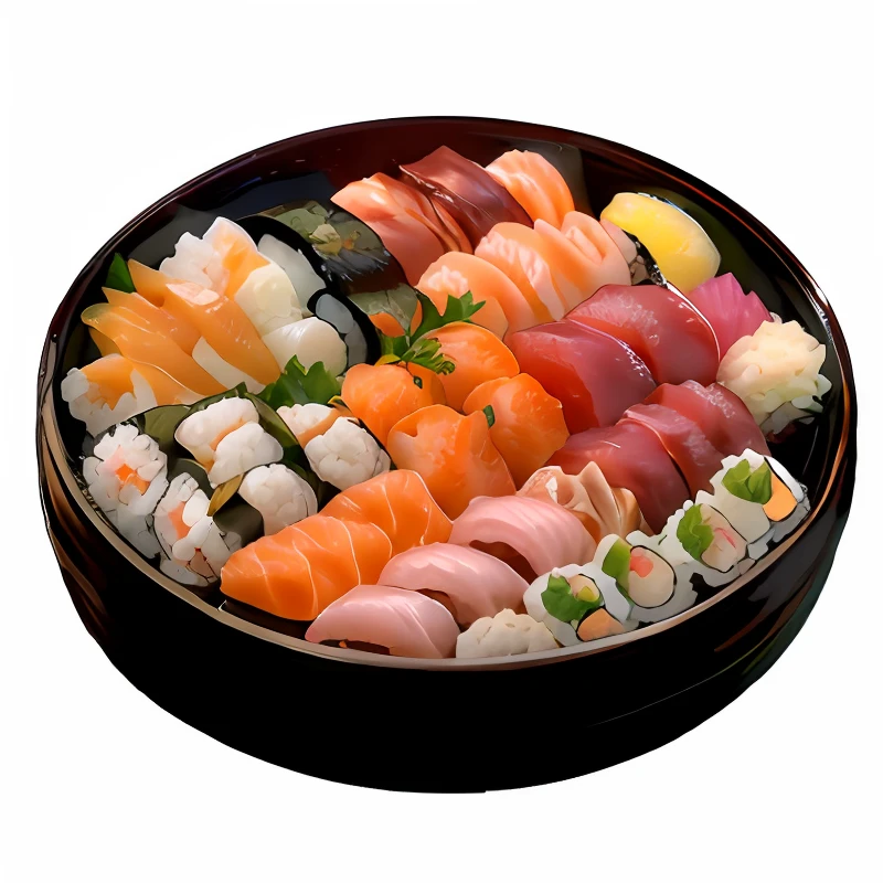 a close up of a bowl of sushi with different types of sushi, sushi, japanese fusion cuisine, sushi,