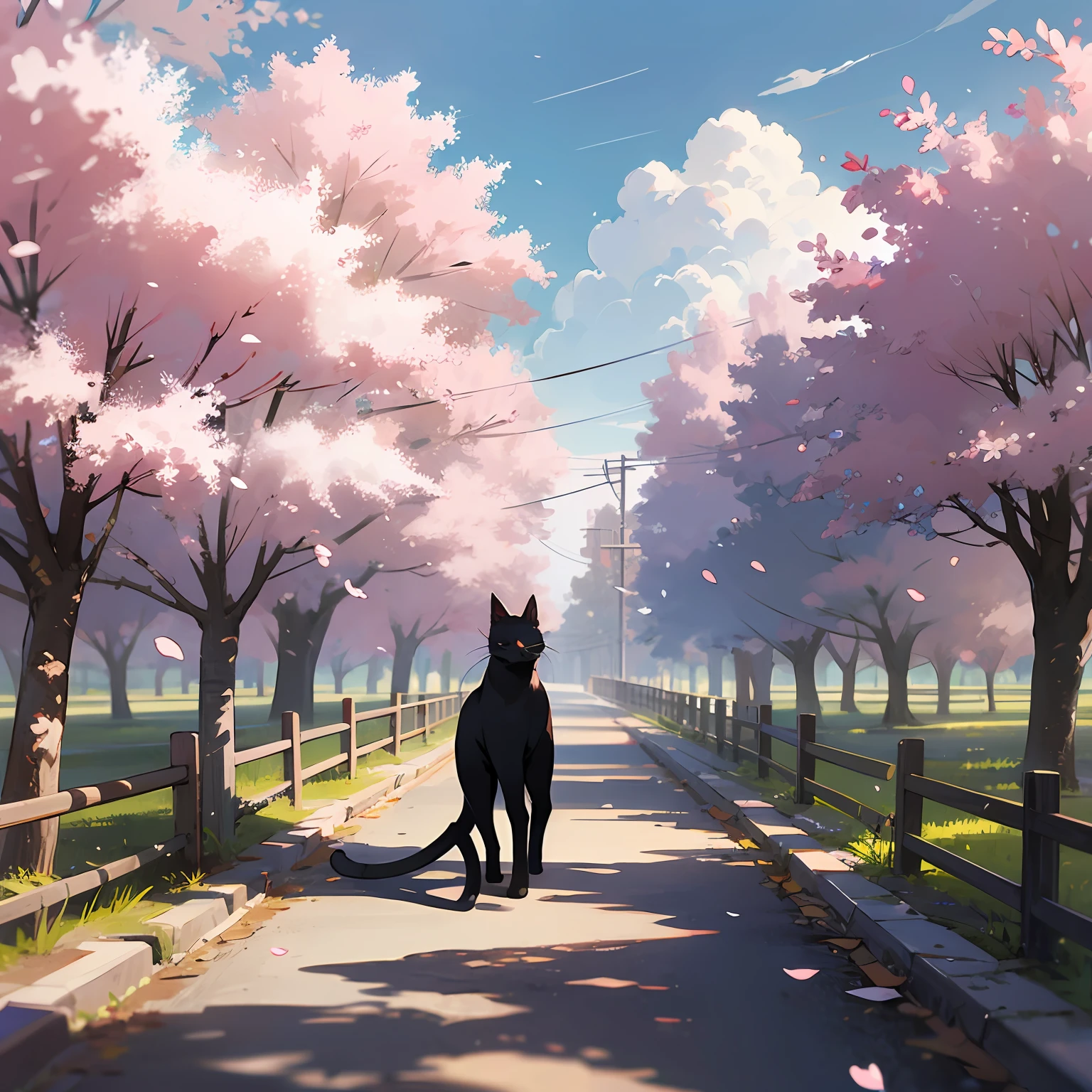 Illustration of a cat standing in the middle of a row of cherry blossom trees