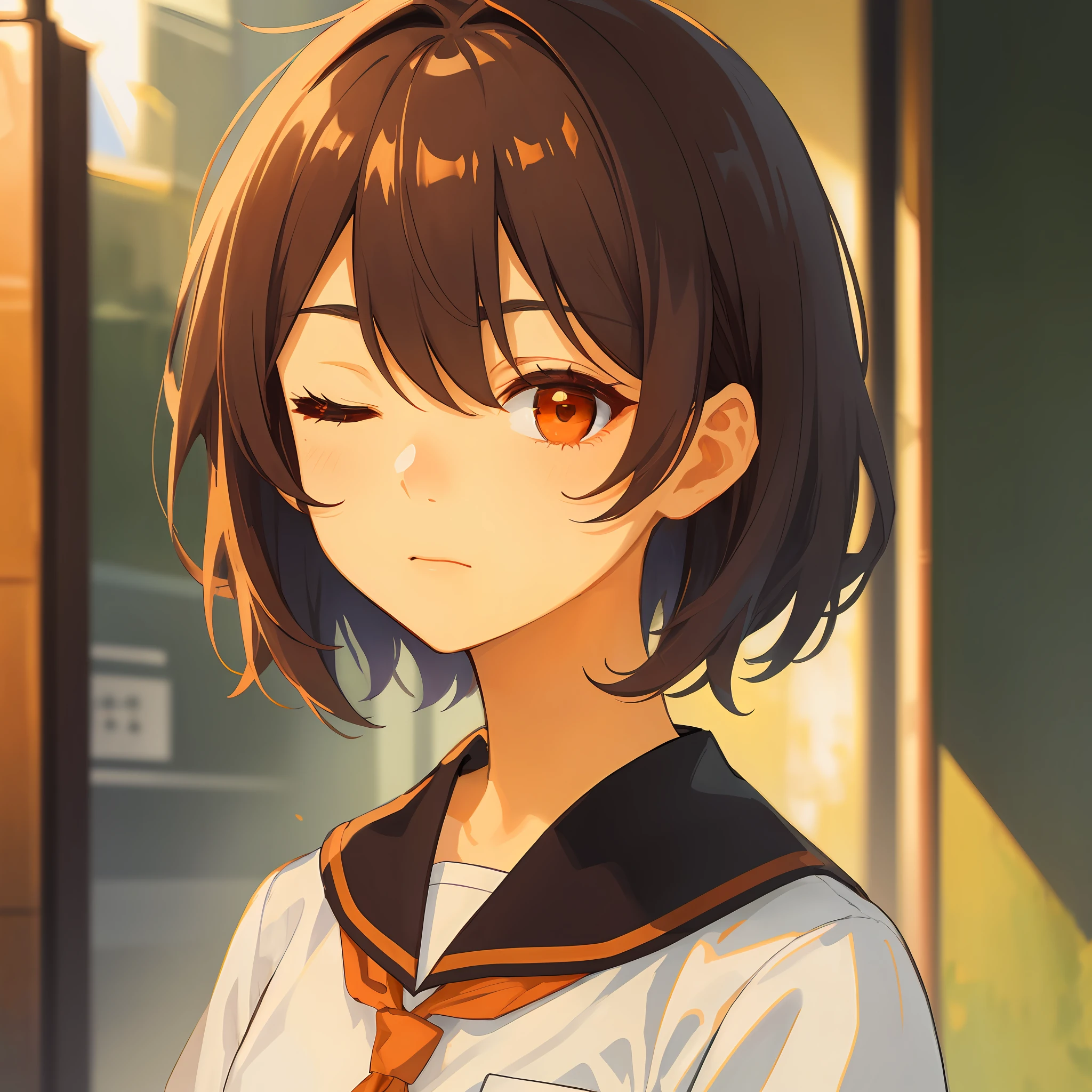 The art of Cornflower，dreamlike，An indifferent schoolgirl，Wear a school uniform，face as it is，Turn a blind eye，One eye is closed，The other eye is orange-red，The hair is brownish-red