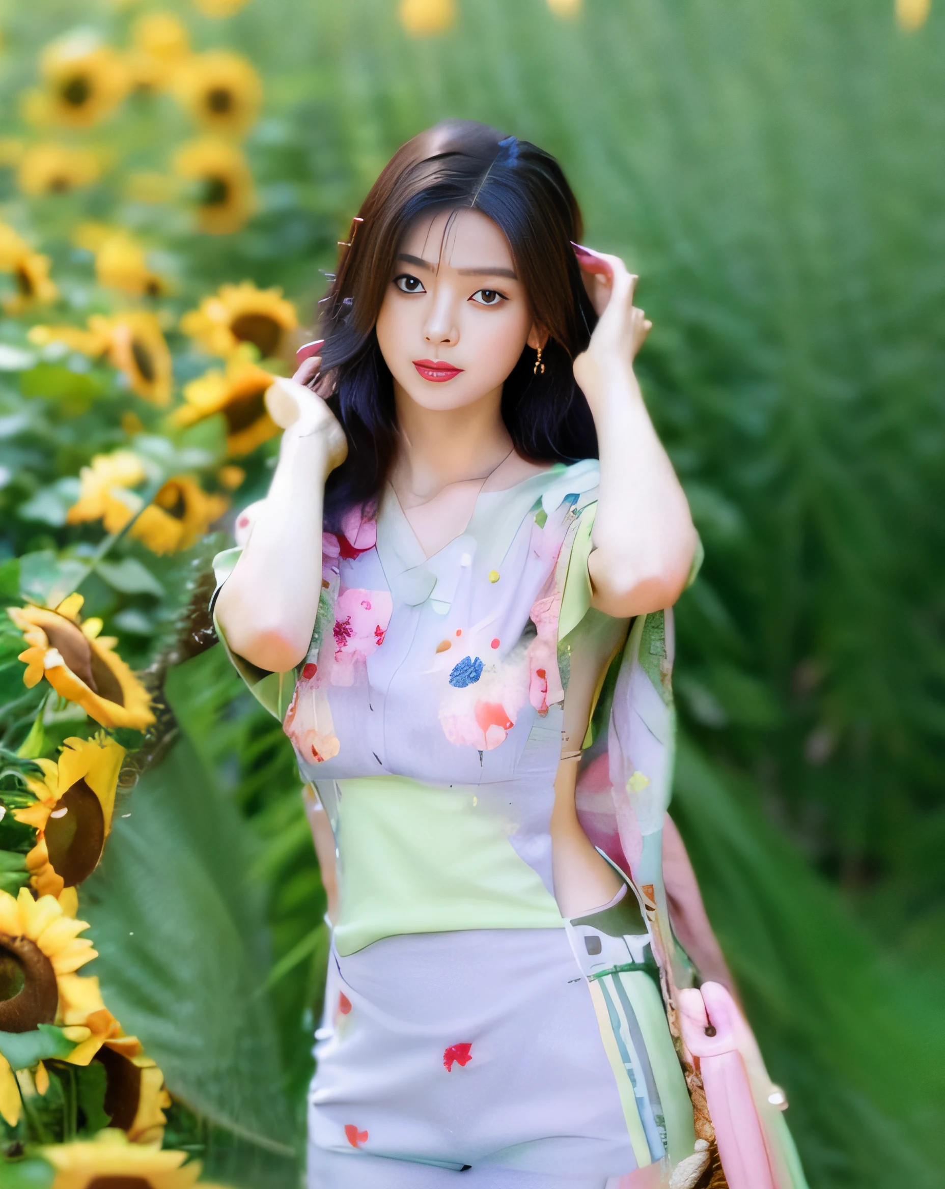a close up of a woman in a green dress holding a sunflower, hot with shining sun, inspired by Xie Sun, Inspired by Huang Ji, sunflowers in the background, gorgeous chinese models, blackpink jennie, tzuyu from twice, xintong chen, gongbi, inspired by Wu Bin, Album art, Beautiful sunflower girl, Lu Ji, xision wu